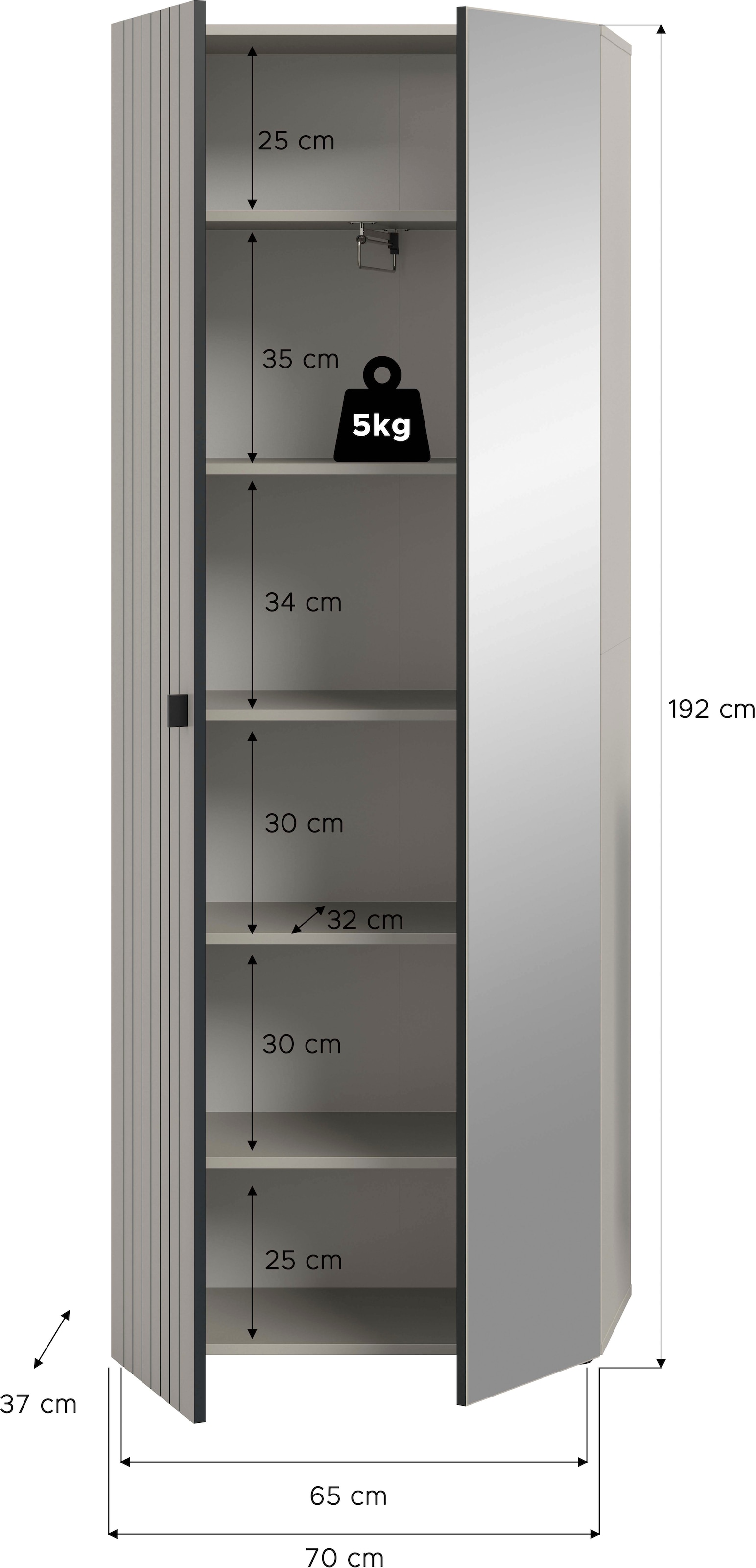 Home affaire Garderobenschrank »TATIO, Höhe 192 cm, Rillenoptik, Spiegeltür« 1 Stk. tlg. Garderobenschrank, Flurschrank, Dielenschrank