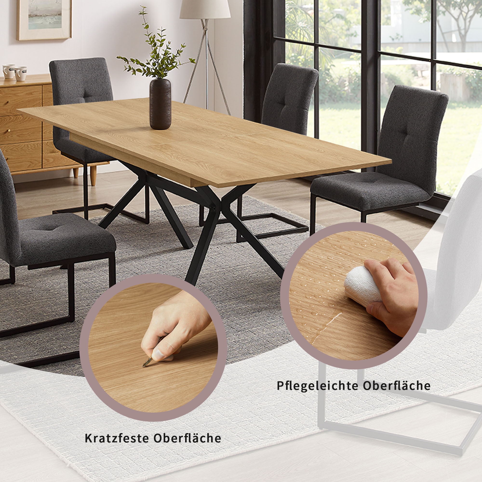 GOODproduct Ensemble de salle à manger »Vendy, Esstisch ausziehbar plus 6 Freischwinger« Set, Esstisch ausziehbar 160 - 210 cm plus 6 Esszimmerstühle, 7 cuis tlg. pflegeleichte Strukturstoff-Stühle, 3D-Steppung, ausziehbarer Tisch