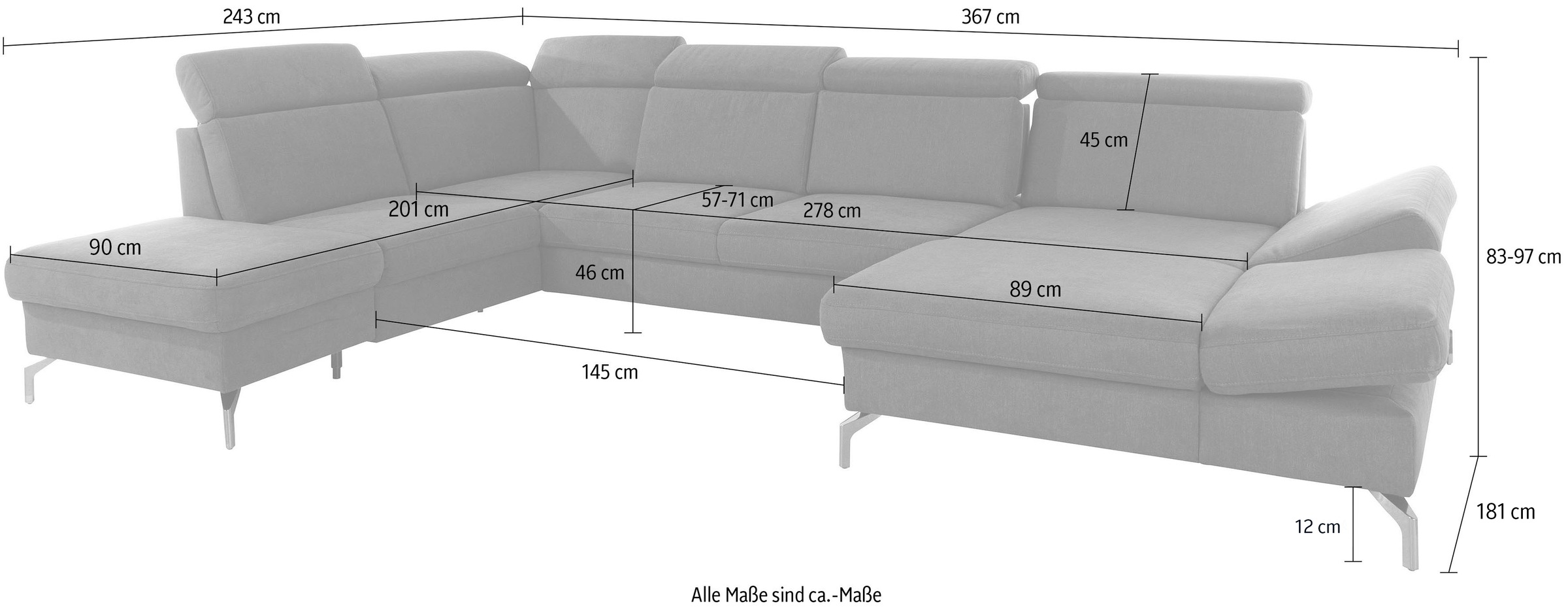 sit&more Wohnlandschaft »Brisbane U-Form«, Fusshöhe 12 cm, inklusive Sitztiefen-, Armteil- und Kopfteilverstellung