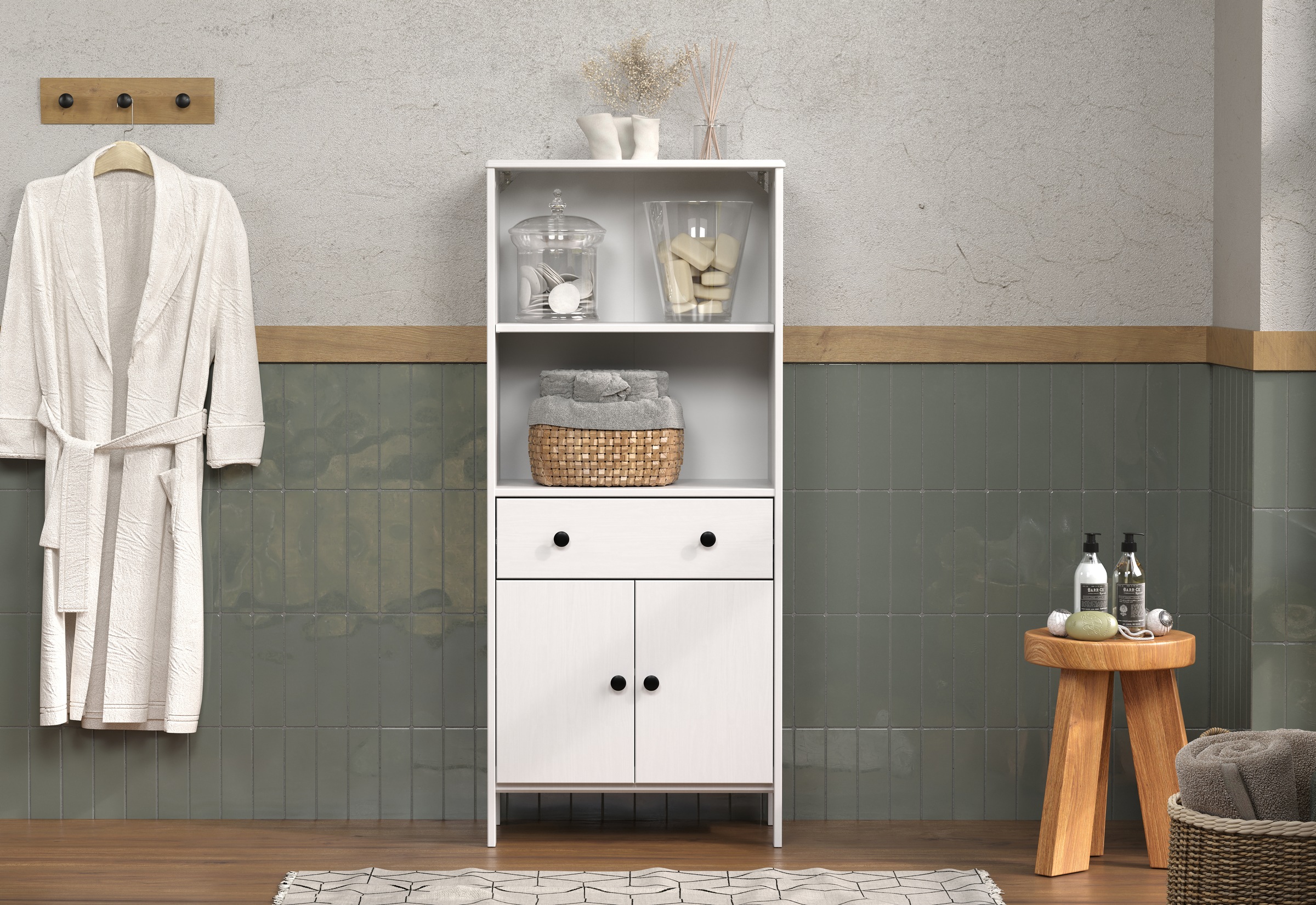 welltime Midischrank »Kall«, (1 St.), Breites Badregal aus Kiefer-Massivholz - Weiss oder Braun lackiert