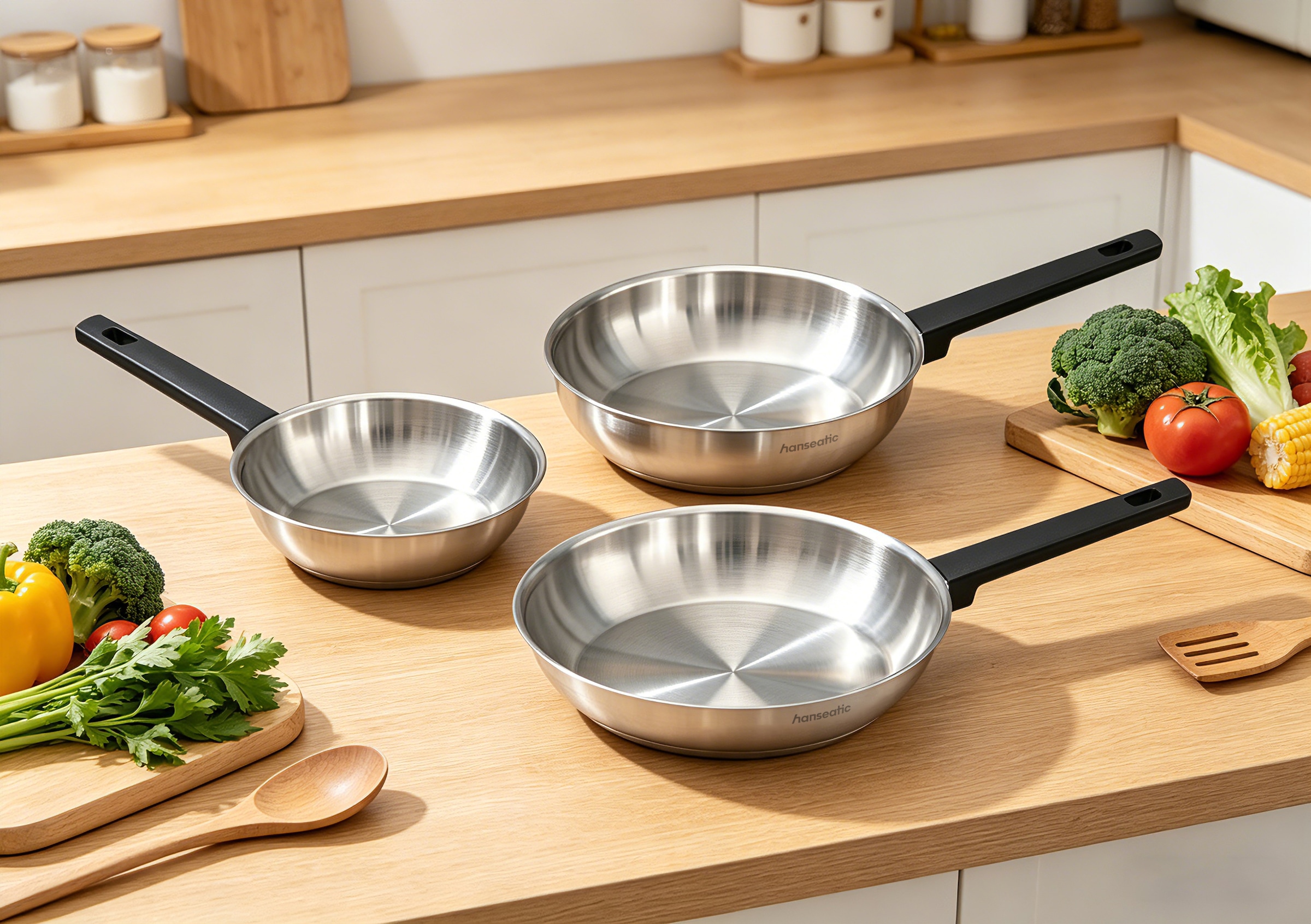 Hanseatic Pfannen-Set »SMART« Edelstahl 18/10 Set, 1x Pfanne Ø 20 cm, 24 cm und 28 cm, 3 tlg. ohne Beschichtung, energiesparend, für alle Herdarten, inkl. Induktion