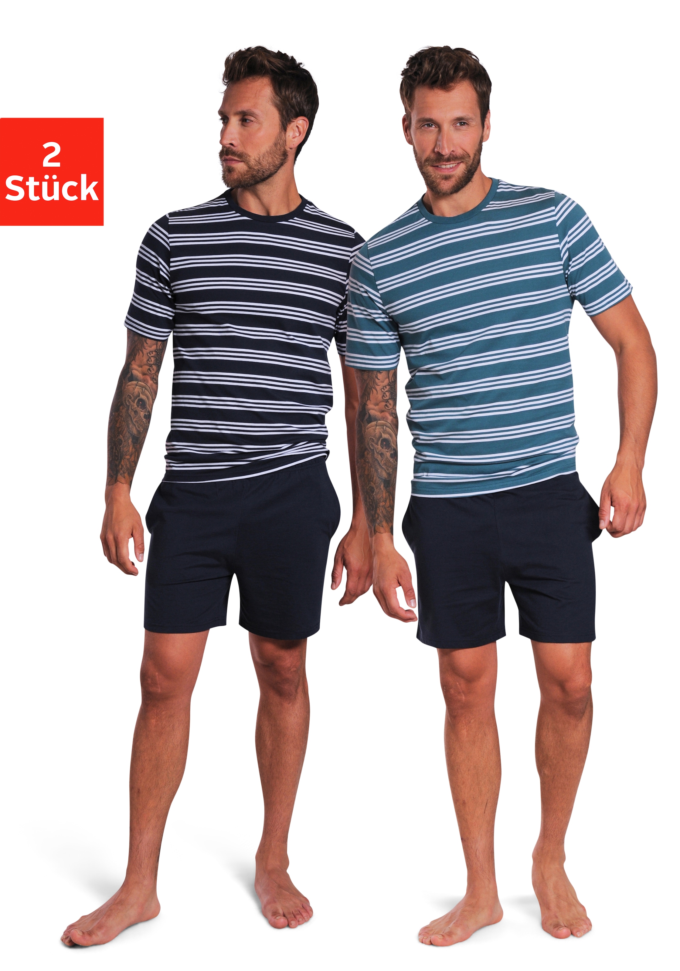 Image of AUTHENTIC LE JOGGER Pyjama Packung, 2 Stück, 4 tlg. Schlafanzug mit gestreiften Oberteilen