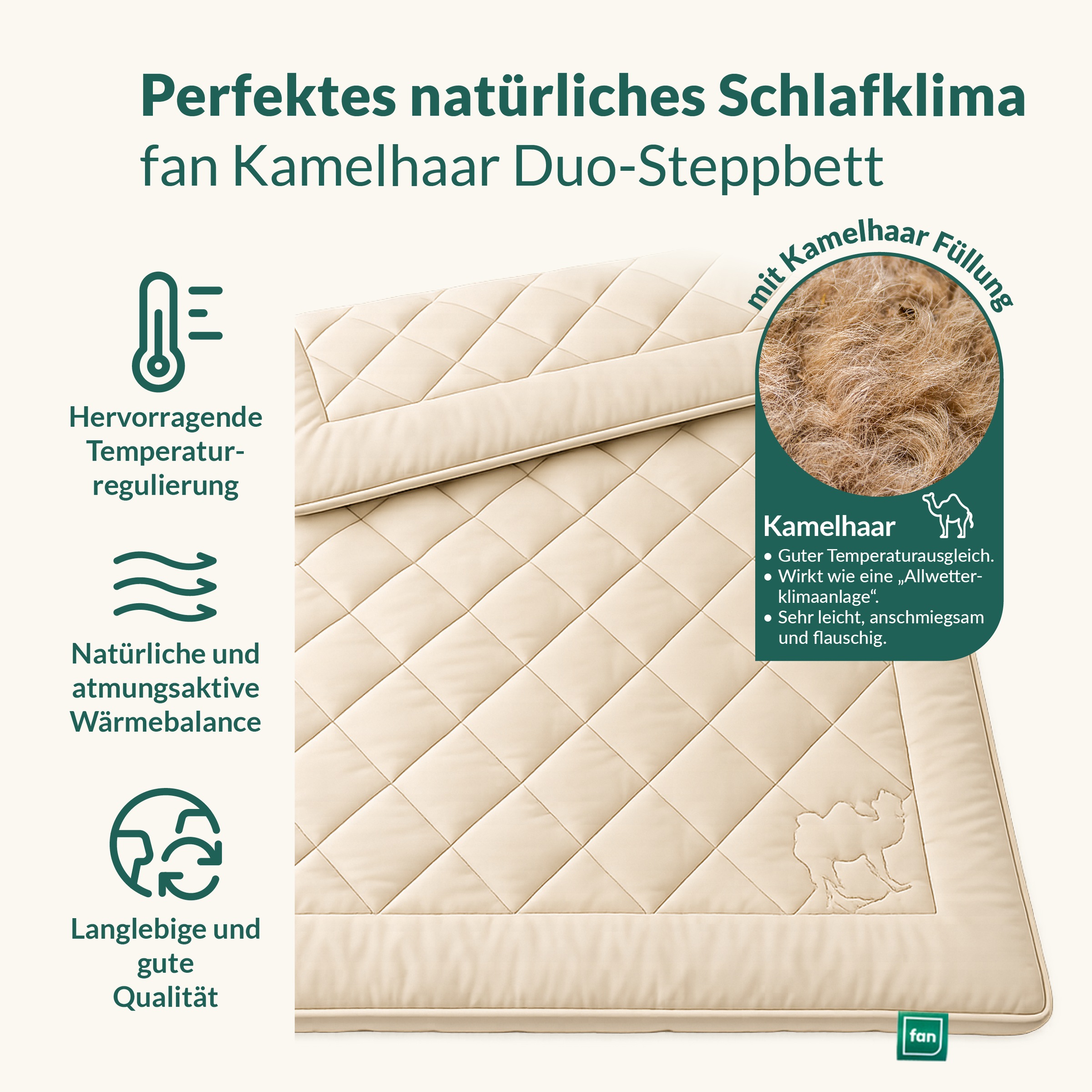 fan Naturhaarbettdecke "Gobi, Bettdecken für Sommer und Winter, temperaturausgleichend" warm Füllung Kamelhaar Bezug Baumwolle 1 Stk. tlg. Klimatisierende Kamelhaar-Füllung - Made in Germany