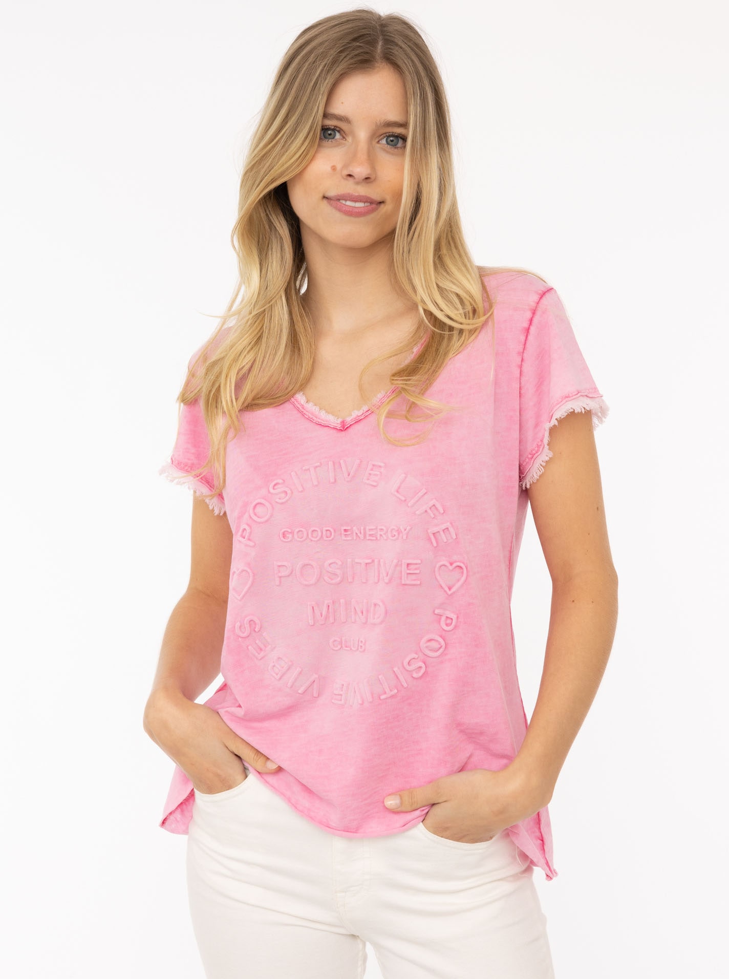 Image of Zwillingsherz T-Shirt ""Positive Mind"" V-Ausschnitt, Kurzarm, Used-Look, Baumwolle, ausgefranste Kanten