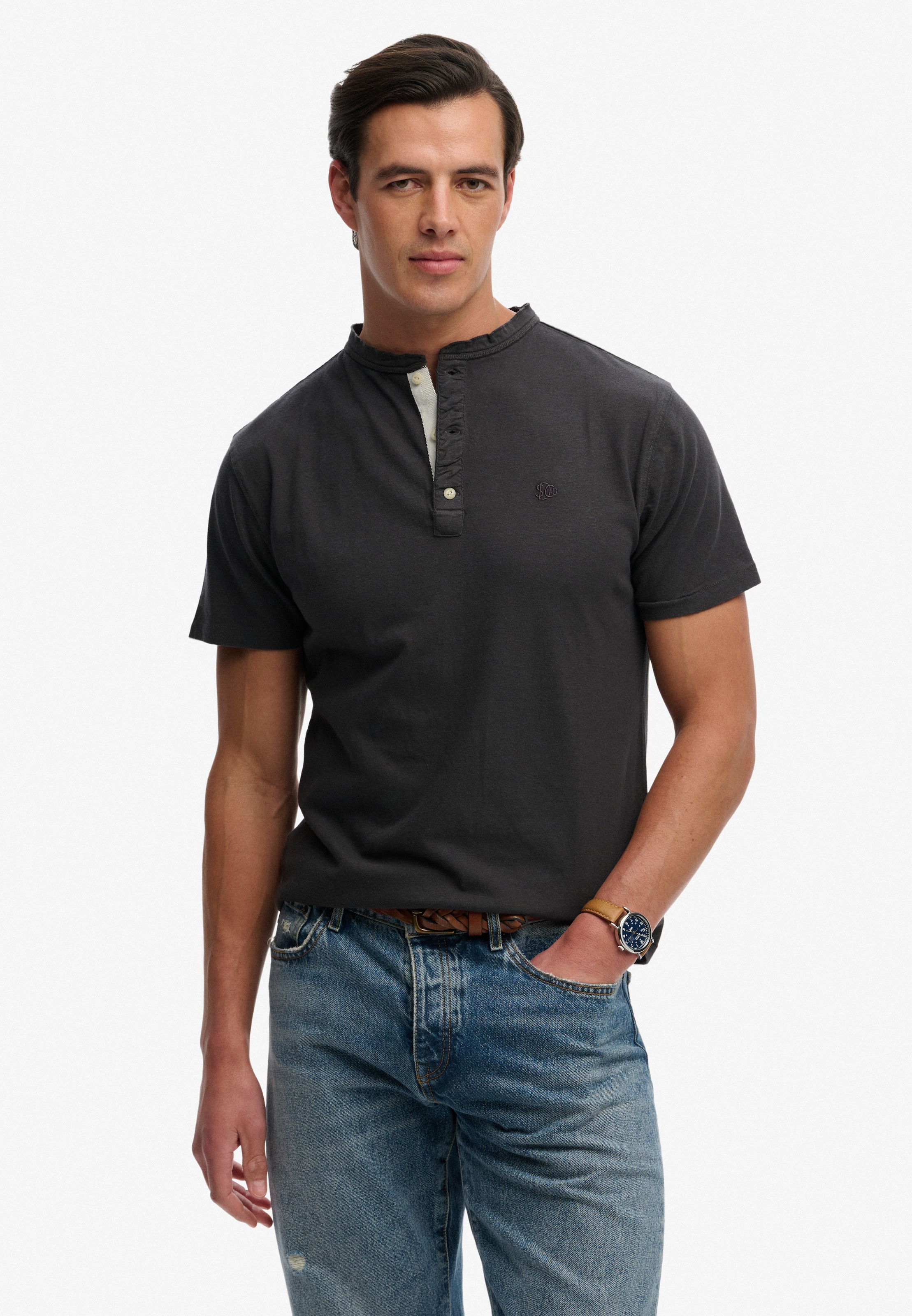 Superdry T-Shirt »CLASSIC COTTON LIN SS GRANDAD« mit Markenlabel, aus Baumwolle und Leinen, in Single Jersey, Kurzarm