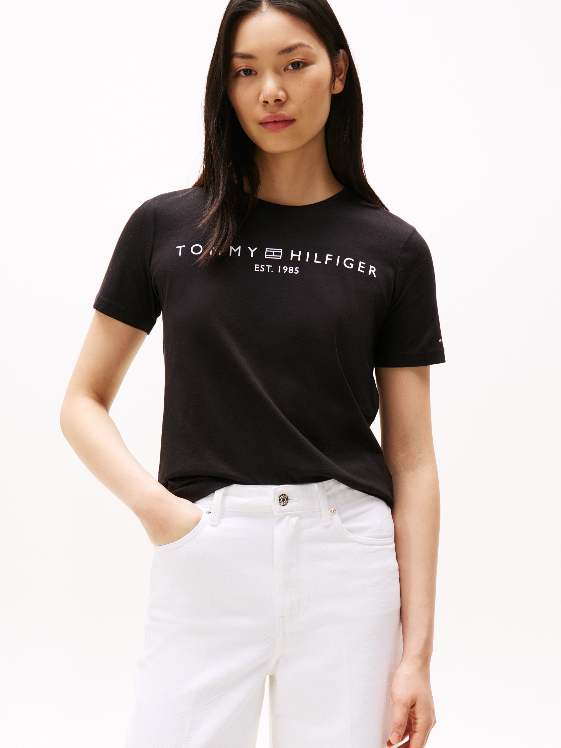 Tommy Hilfiger T-Shirt »REG CORP LOGO C-NK mit Logoschriftzug und Stickerei«, meliert, casual, regular fit, Baumwolle, Rundhals