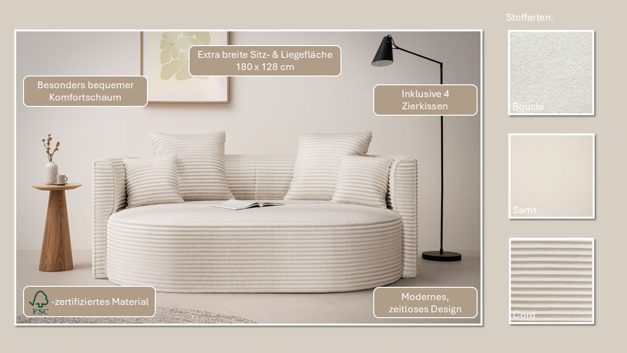 LeGer Home by Lena Gercke 2,5-Sitzer »ISALIE, rundes Loungesofa, mit Kissen, perfekt gepolstert«, moderne Stoffe, mit 4 Zierkissen, extra grosse Sitzfläche