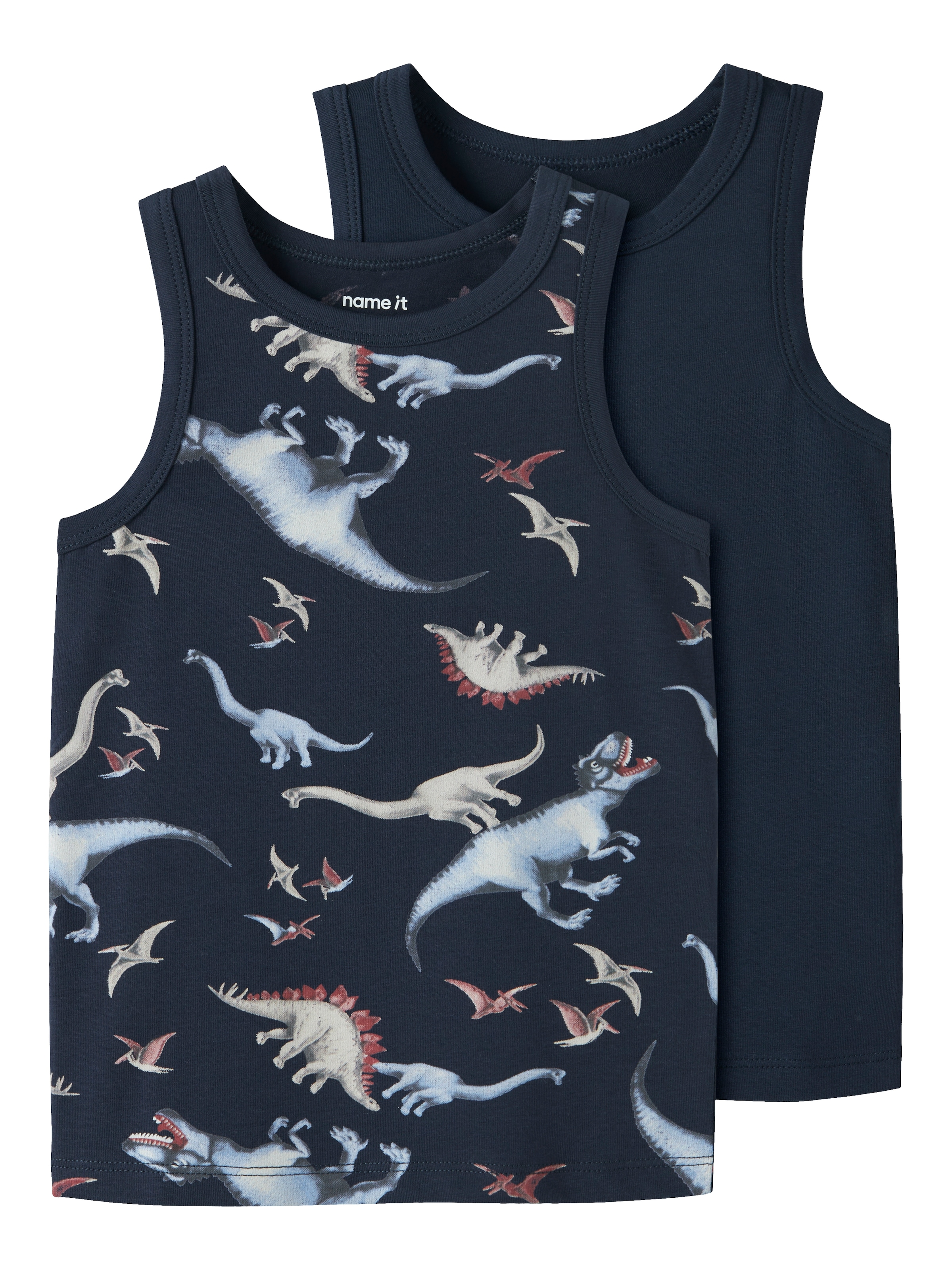 Image of Name It Unterhemd "NMMTANK TOP 2P NAVY DINO NOOS" Packung, 2 Stk. Baumwollmischung, uni und bedruckt im Set