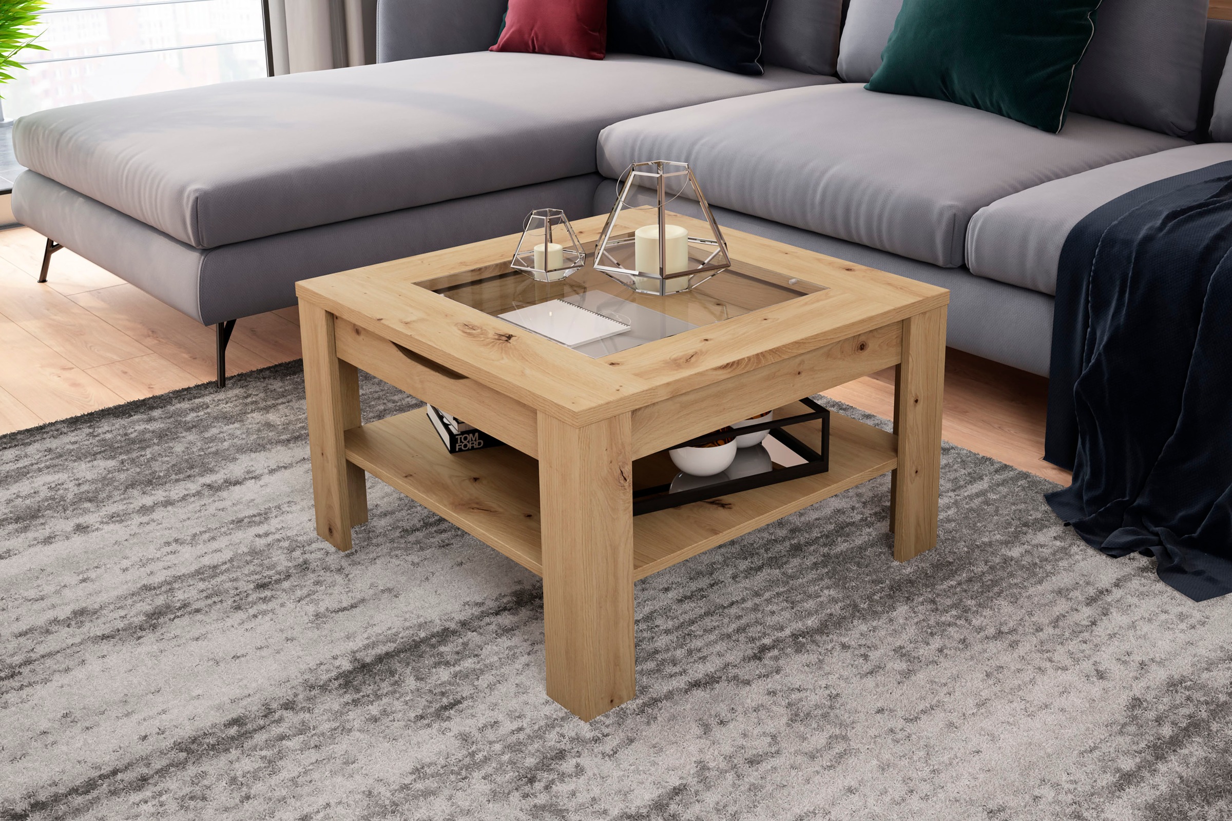 byLIVING Couchtisch "RALPH" Artisan Eiche, Old Wood oder weiss, 1 Schubkasten, Glaseinlageplatte