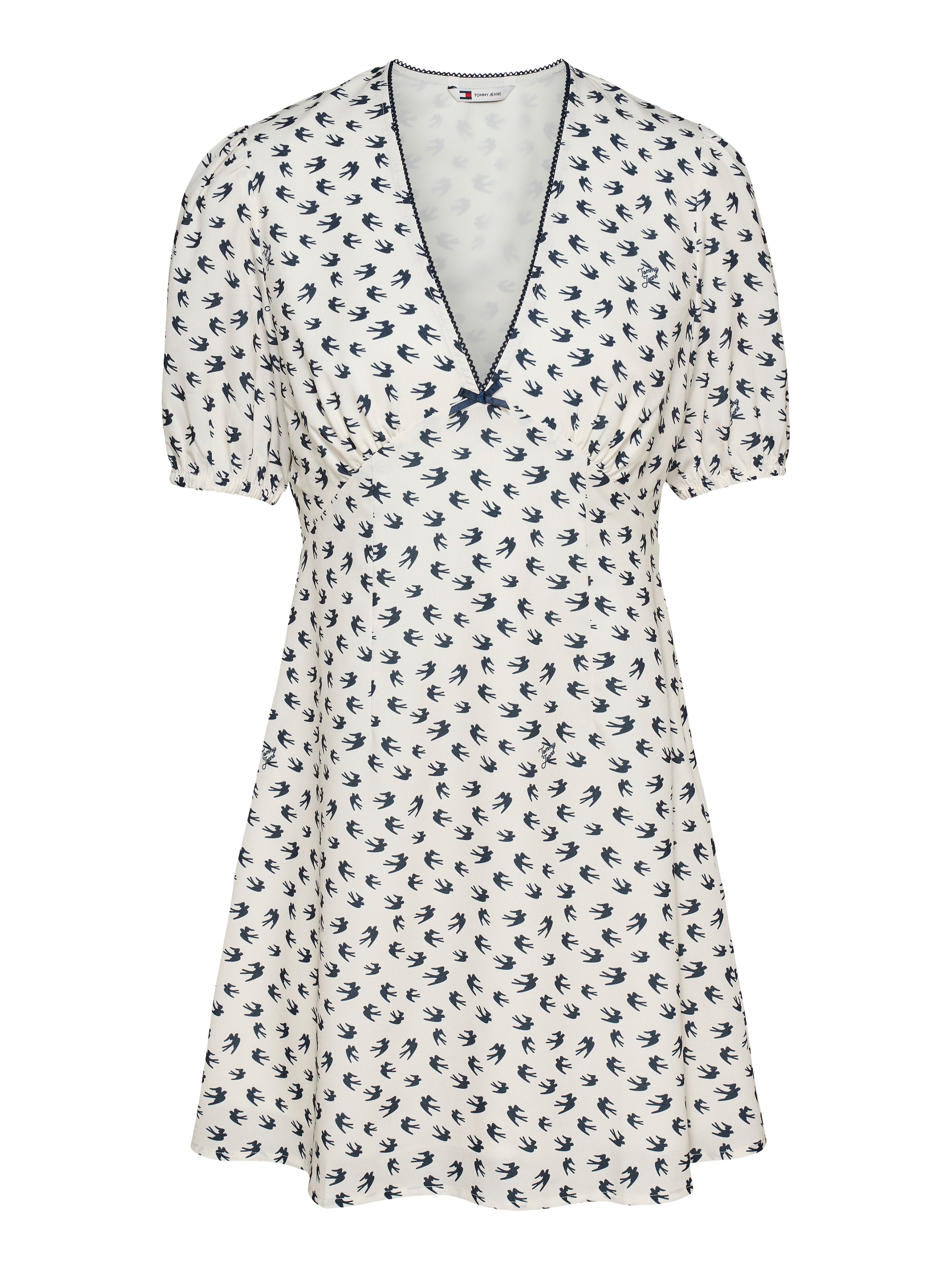 Tommy Jeans Minikleid »TJW SS CREPE MINI DRESS«, mit Schleifendetail, Vogelmuster