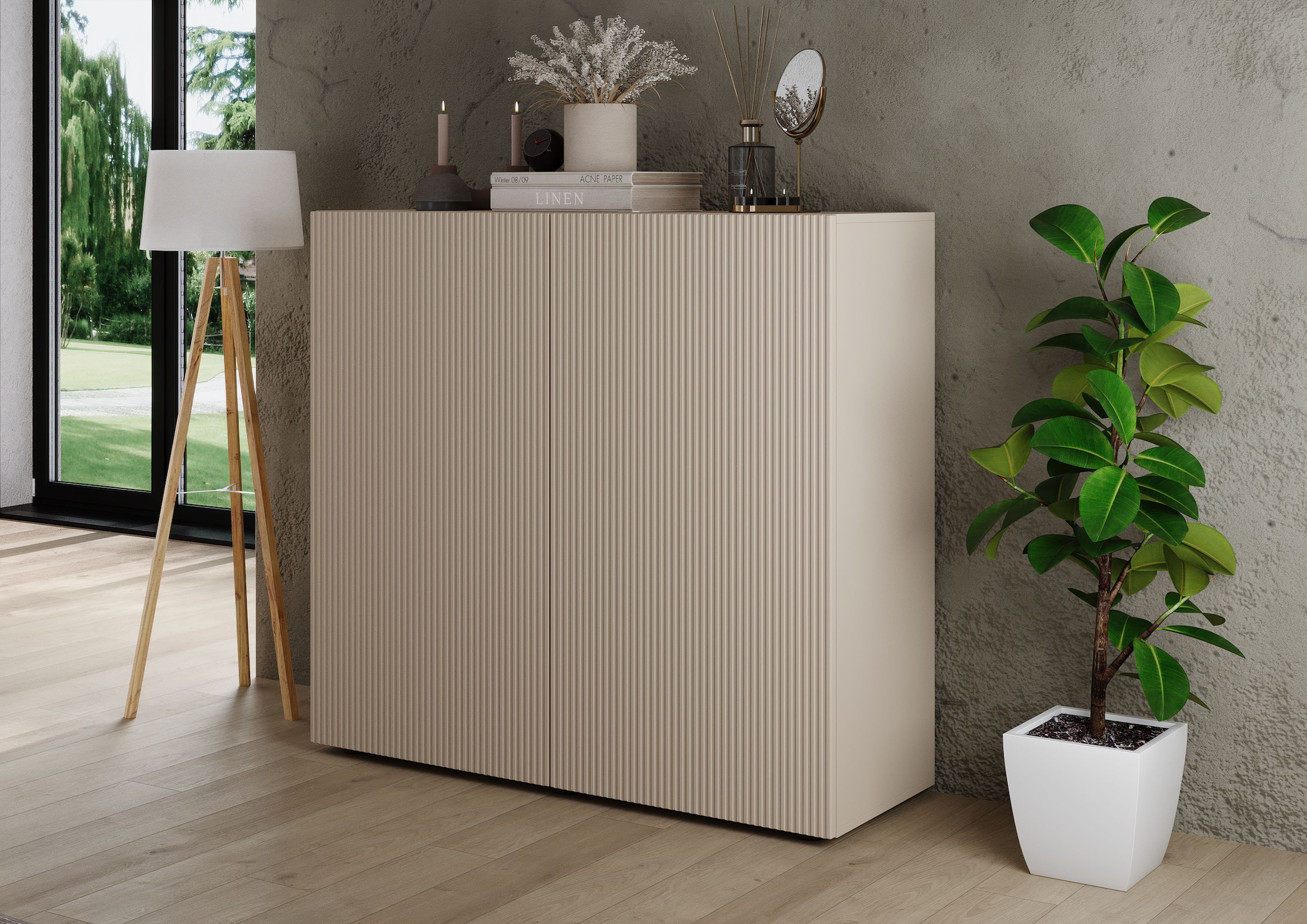 INOSIGN Highboard »Rio Höhe 111 cm u. Breite 120 cm, Kommode mit 2 Türen,«, geriffelte Front, modern u. elegant, viel Stauraum