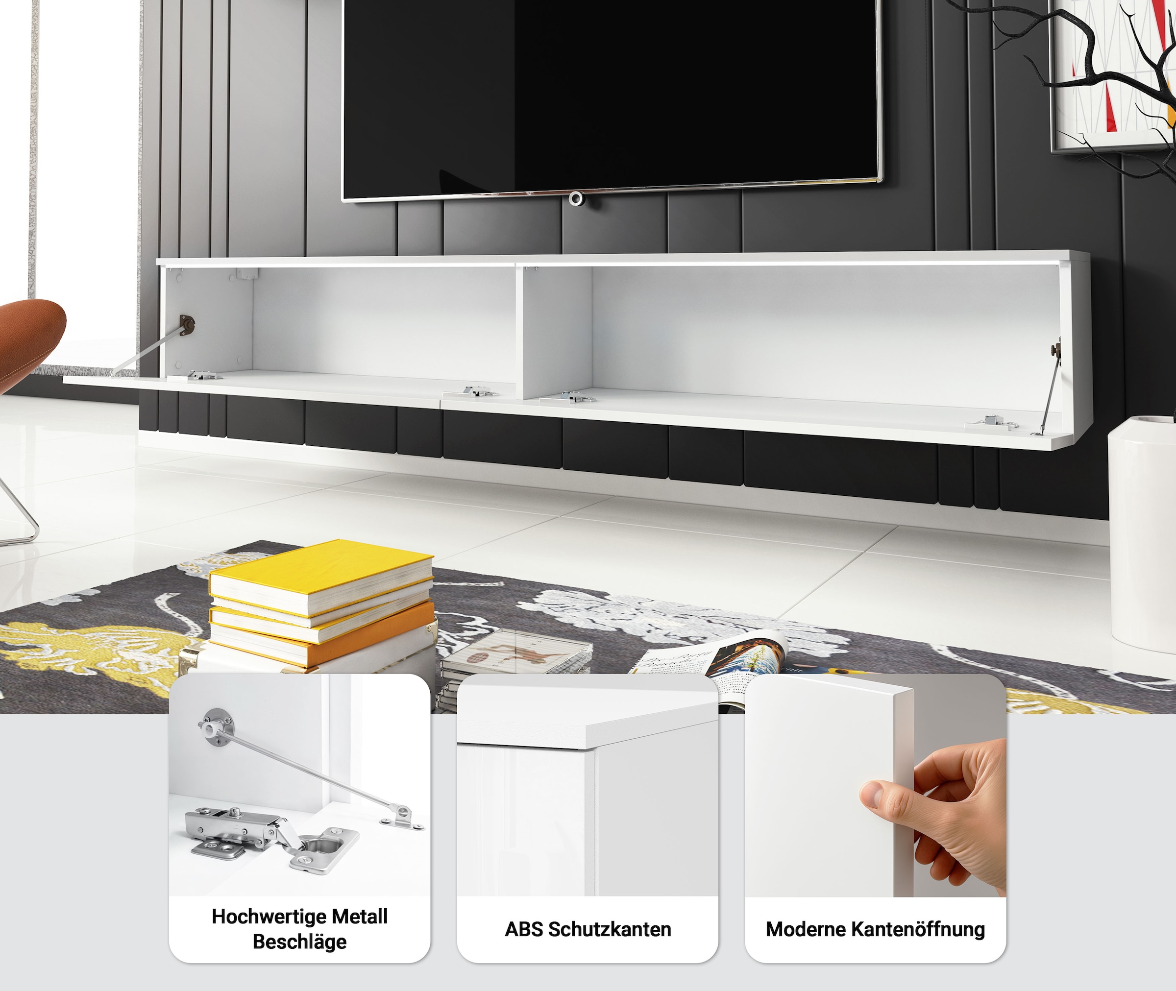 Home affaire Table basse »LOWBOARD VERA, wahlweise mit oder ohne Beleuchtung« Modernes griffloses TV-Board, 180 cm TV-Schrank, stehend und hängend