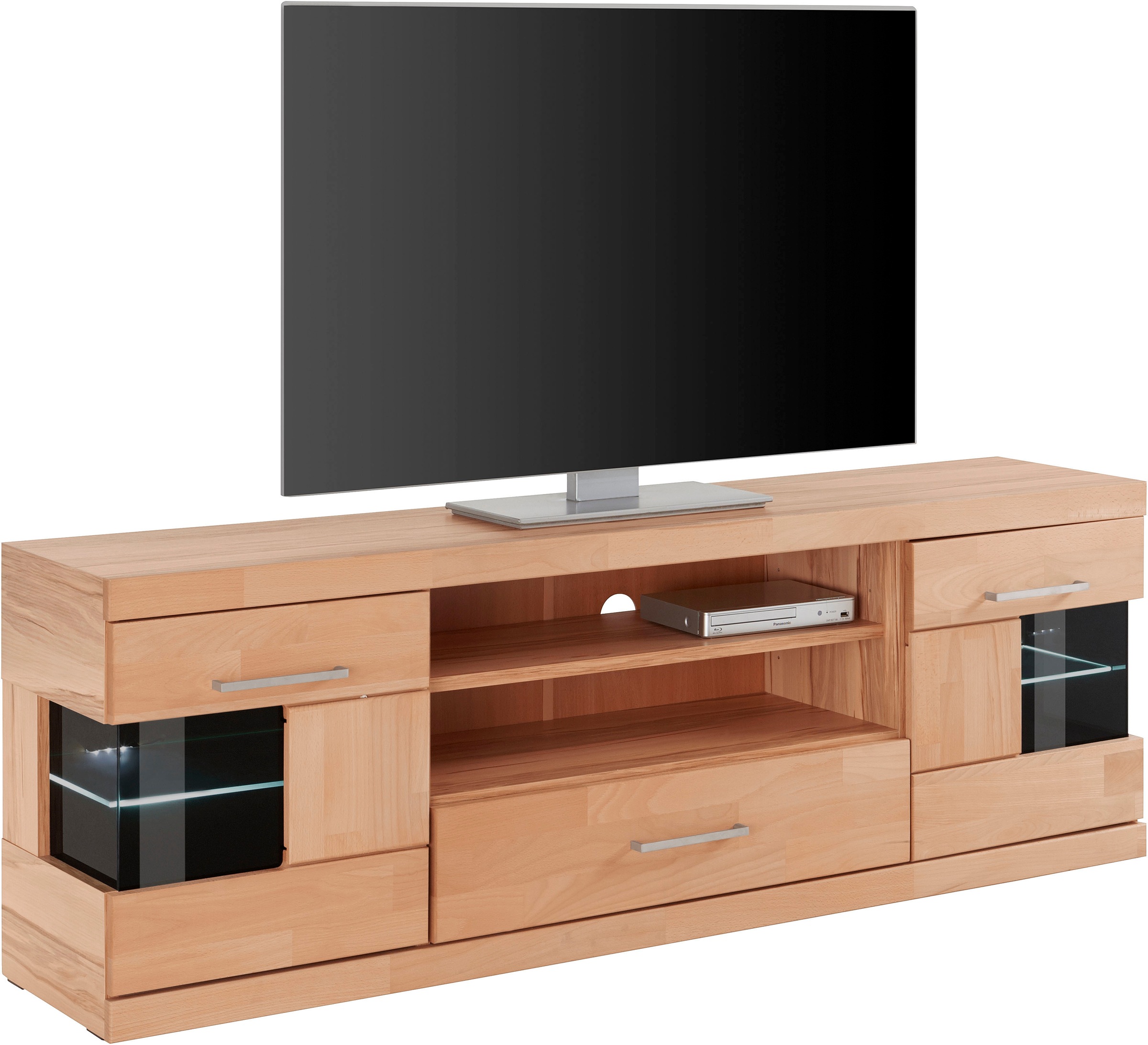 Image of GOODproduct Lowboard "Ribe,160cm breit,55cm hoch,Oberplatte massiv" Korpus Holzwerkstoff,Glaseinsatz aus gehärtetem Glas,Böden versetzbar