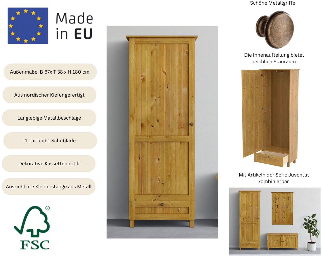 GOODproduct Garderobenschrank »Juventus« 1 Stk. tlg. aus massiver Kiefer, Breite  67cm, mit Kleiderstange