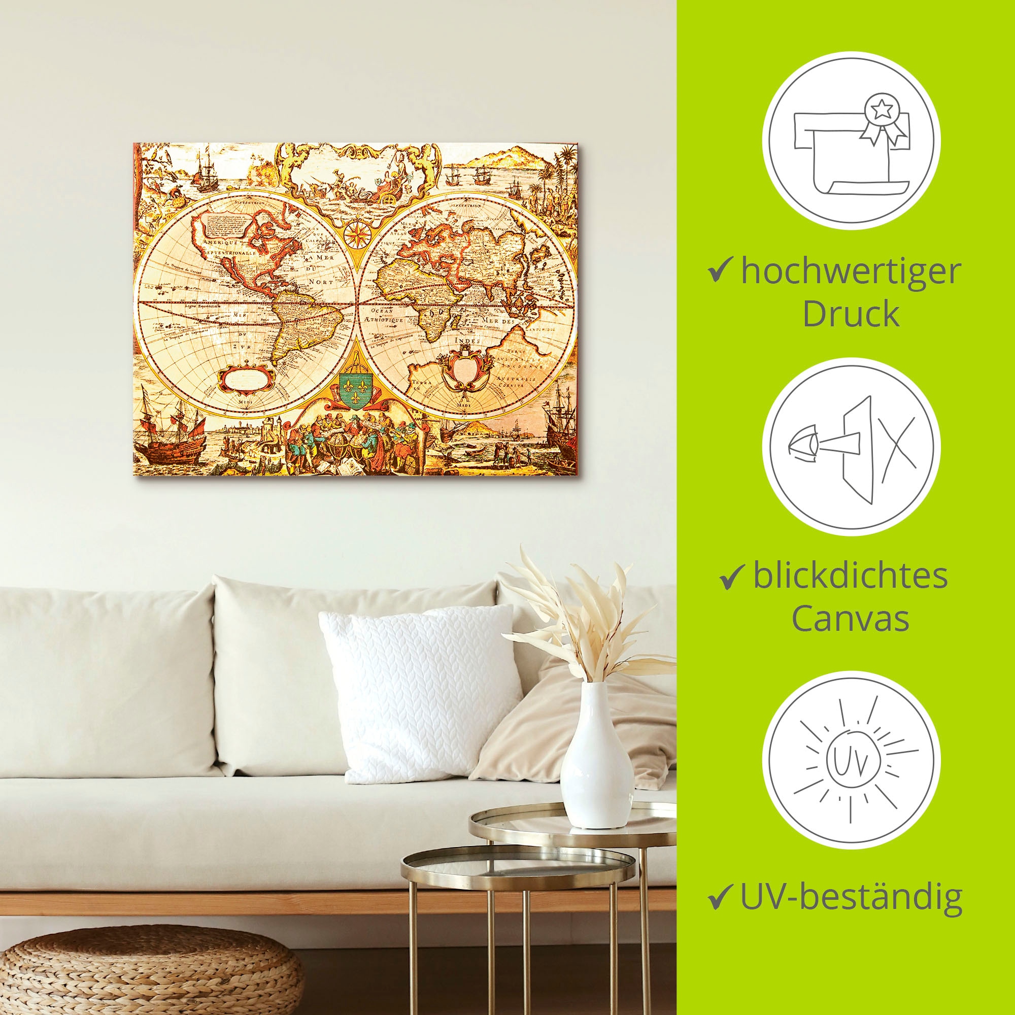 Artland Wandbild »Antike Weltkarte«, Landkarten, (1 St.), als Alubild, Outdoorbild, Leinwandbild, Poster, Wandaufkleber