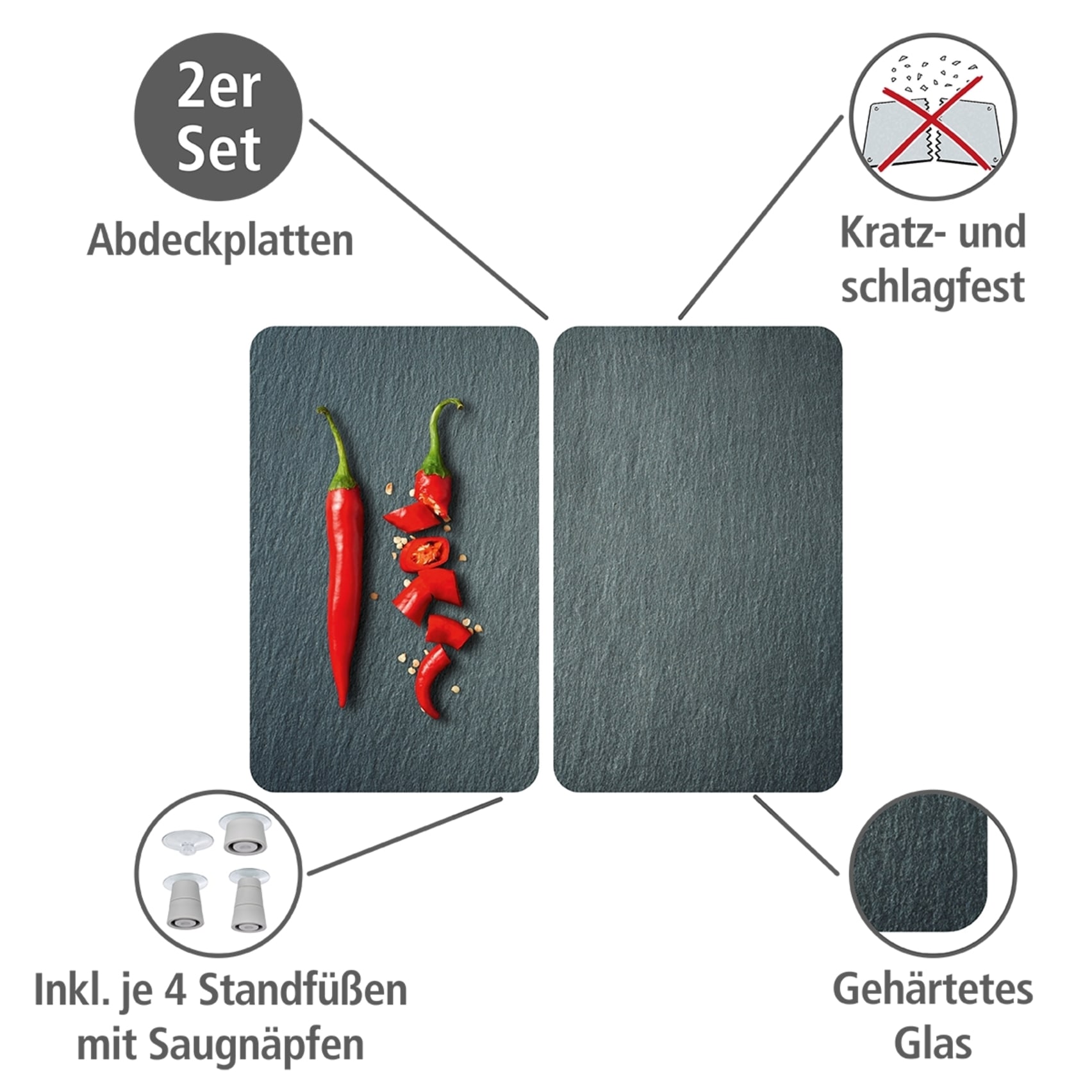 WENKO Herd-Abdeckplatte »Universal Modell Cayenne«, (Set, 2 tlg.), Herdabdeckung für alle Herdarten, kratzfest, mit rutschfesten Füssen