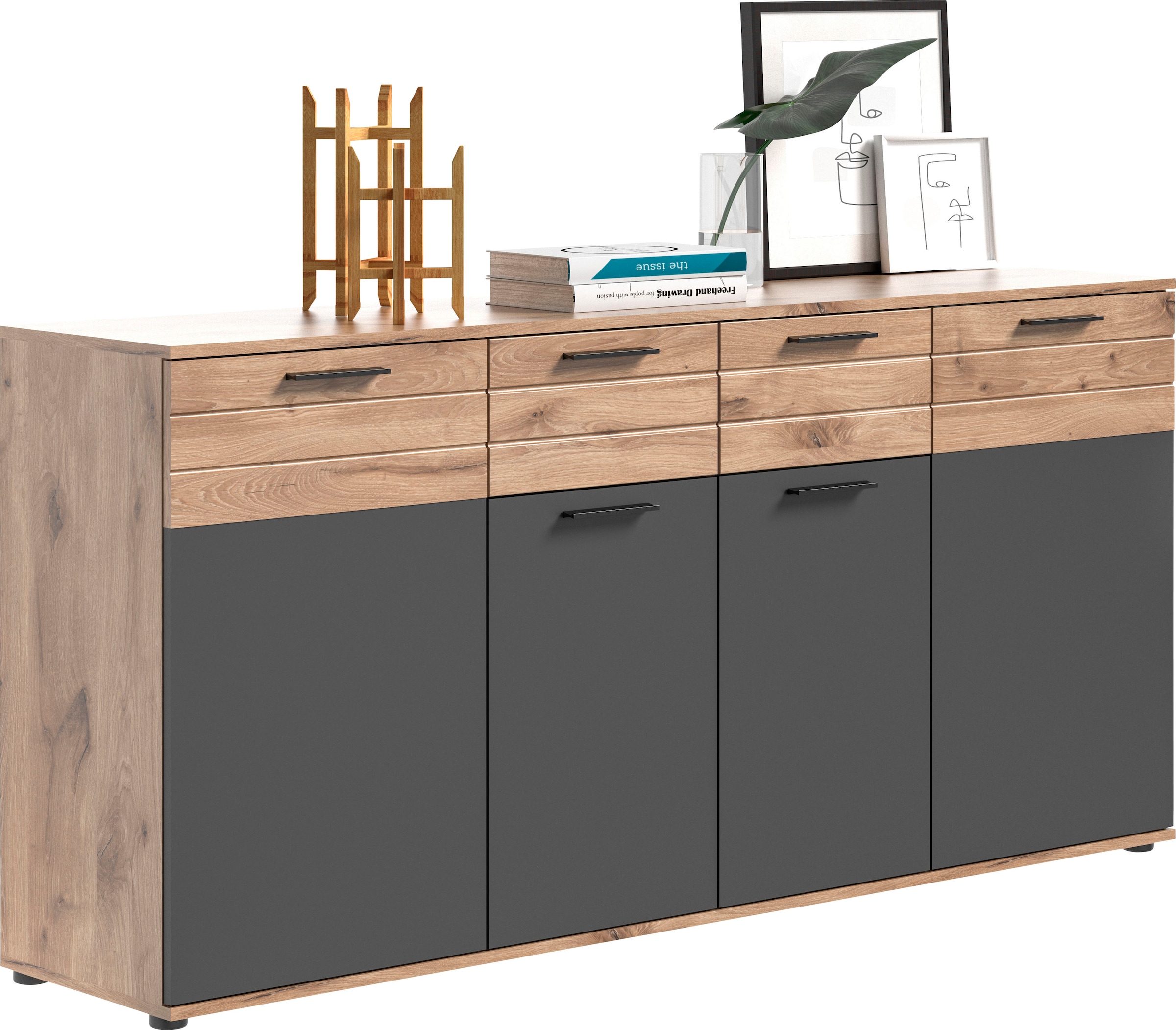 Image of Home affaire Sideboard "Riga, Breite 180cm, 4 Türen, 2 Schubkästen, 6 Einlegeböden, 10 Fächer" hochwertige Rillenfräsung, mit Softclose, Kommode, Anrichte, Schrank