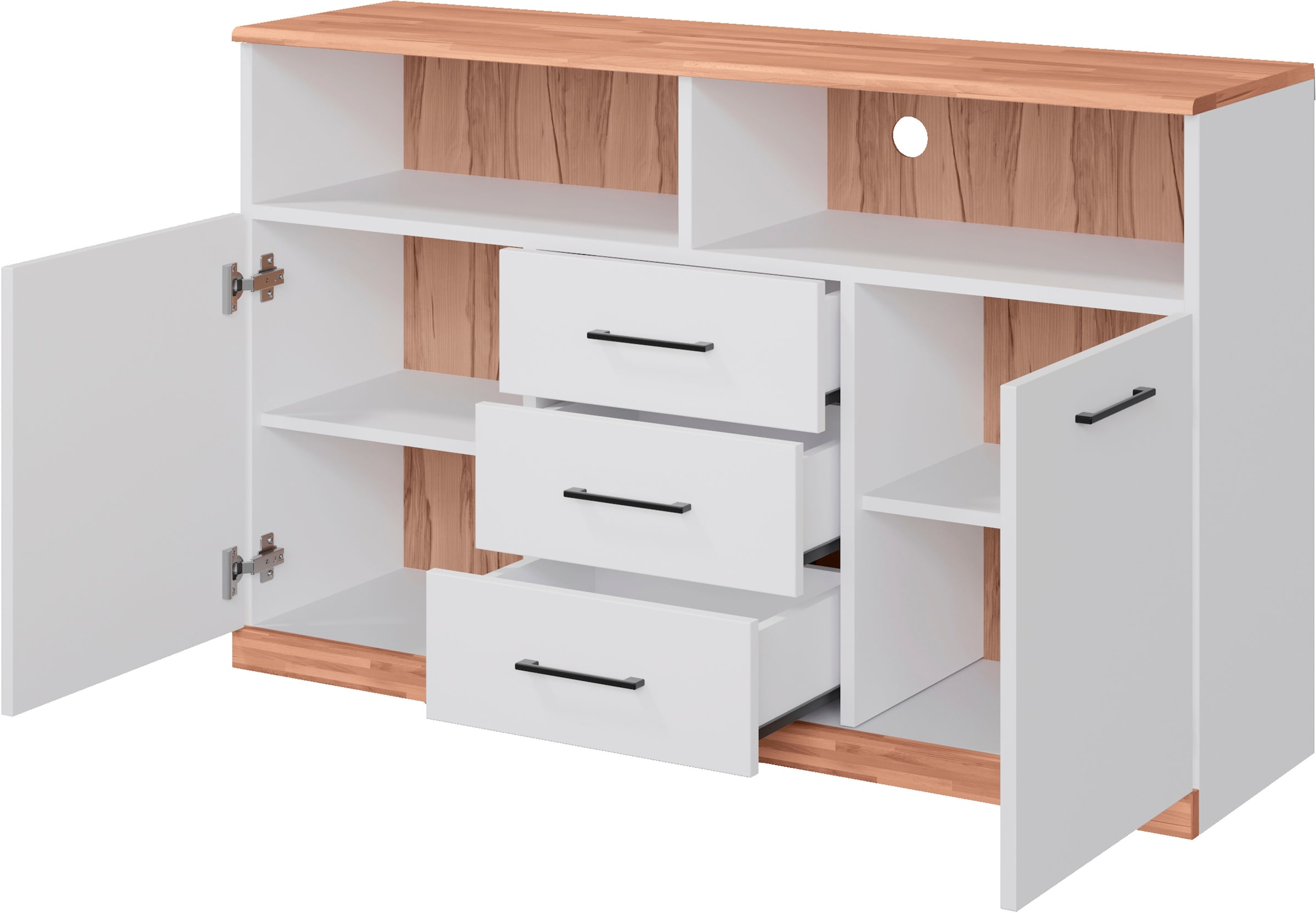 GOODproduct Sideboard »Ribe,130cm breit,80cm hoch,Oberplatte Holz massiv,6 Fächer« Oberplatte Kernbuche massiv,schwarze Metall Griffe