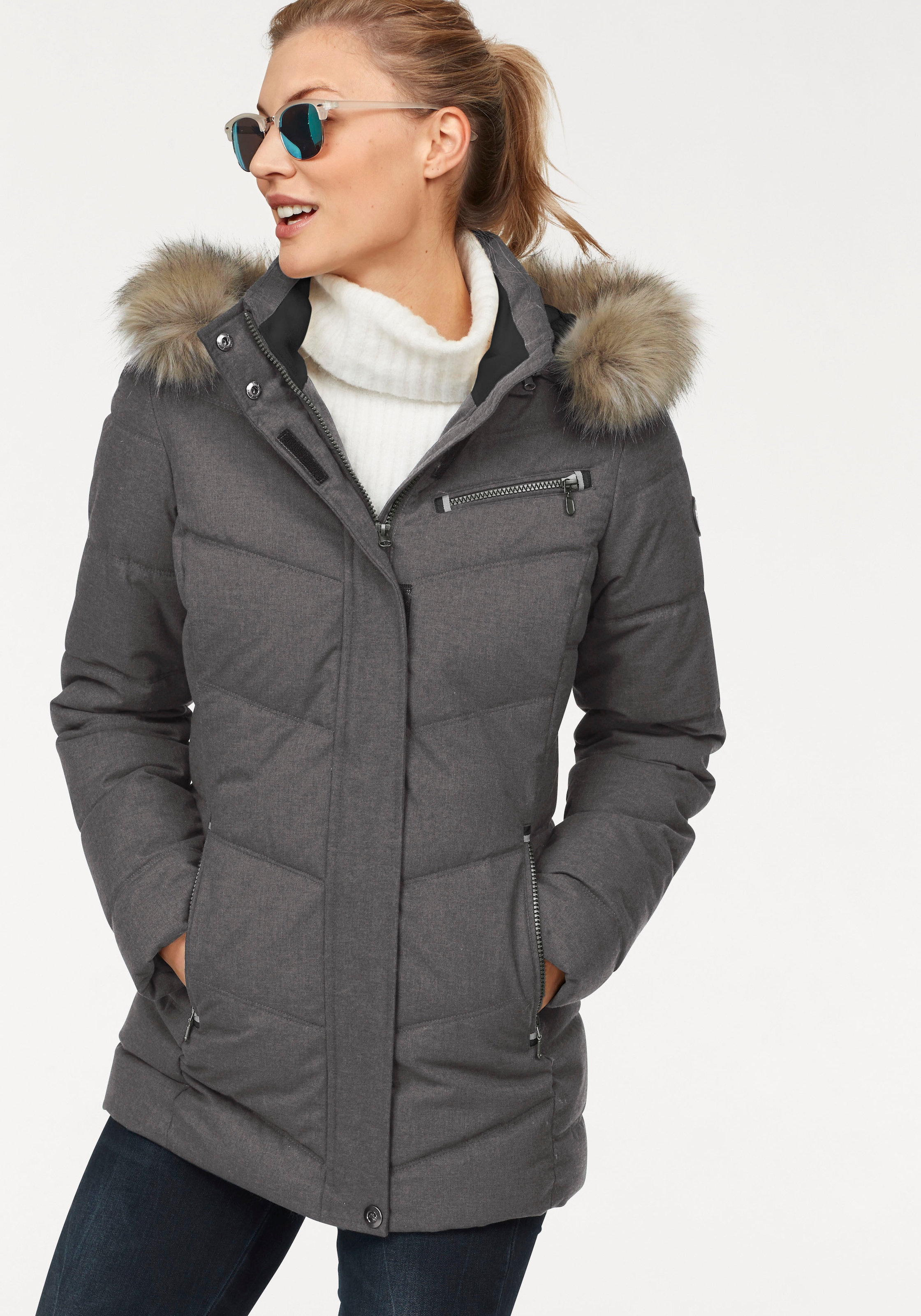 Image of Polarino Steppjacke mit Kapuze mit abnehmbarer Kapuze, mit Fellimitat, viele Taschen