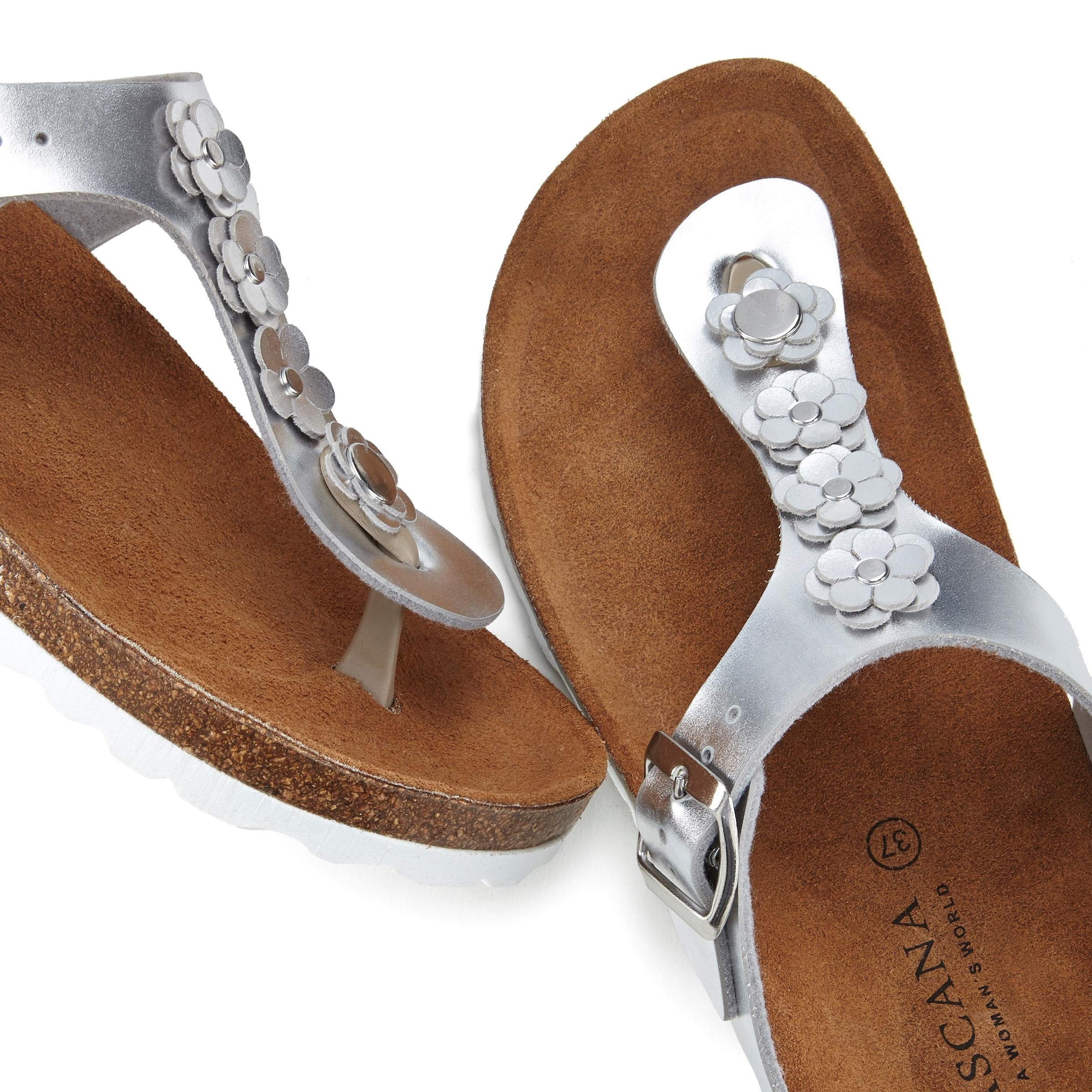 LASCANA Zehentrenner »Sandale, Pantolette, offener Schuh, Sommerschuh,«, mit modischer Applikation und Komfortkorkfussbett aus Leder