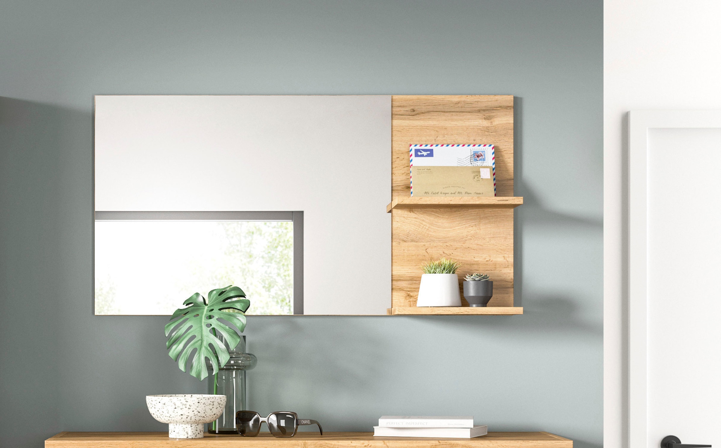 GOODproduct Spiegel »MAMBO II, Breite 99cm, 2 Ablageböden, grosse Spiegelfläche« Garderobenspiegel, Flur, Diele, Spiegel mit Ablage, Spiegelpaneel