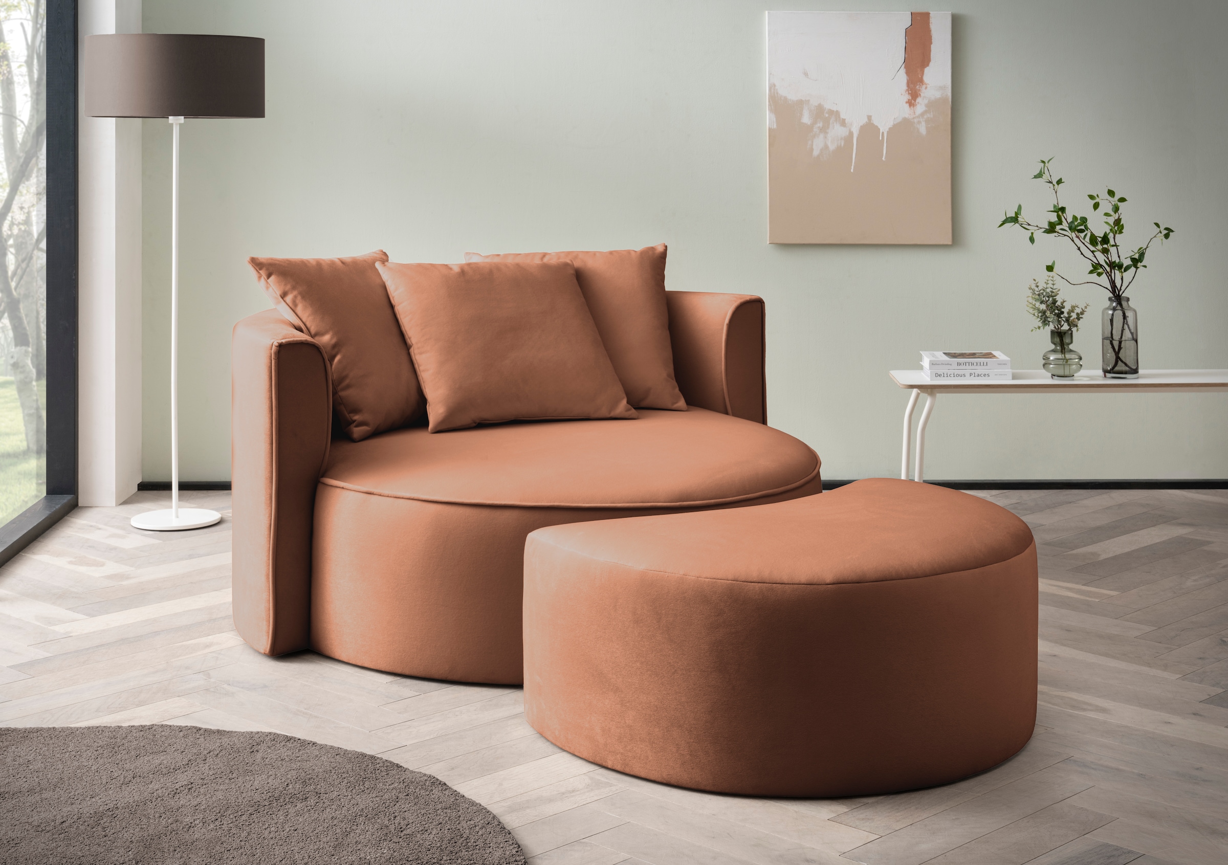 LeGer Home by Lena Gercke XXL-Sessel »ISALIE, Rundsessel mit Hocker, Lesesessel, Loveseat, Big-Sessel«, (Set), trendige Stoffe, 3 Zierkissen, grosse Sitzfläche, Cord, Samt, Bouclé