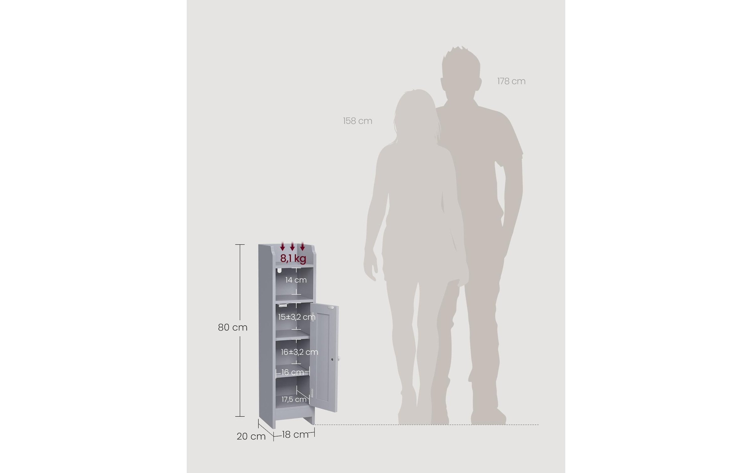 VASAGLE Mehrzweckschrank »VASAGLE Badezimmer-Schrank 18 x 80 cm, Grau«