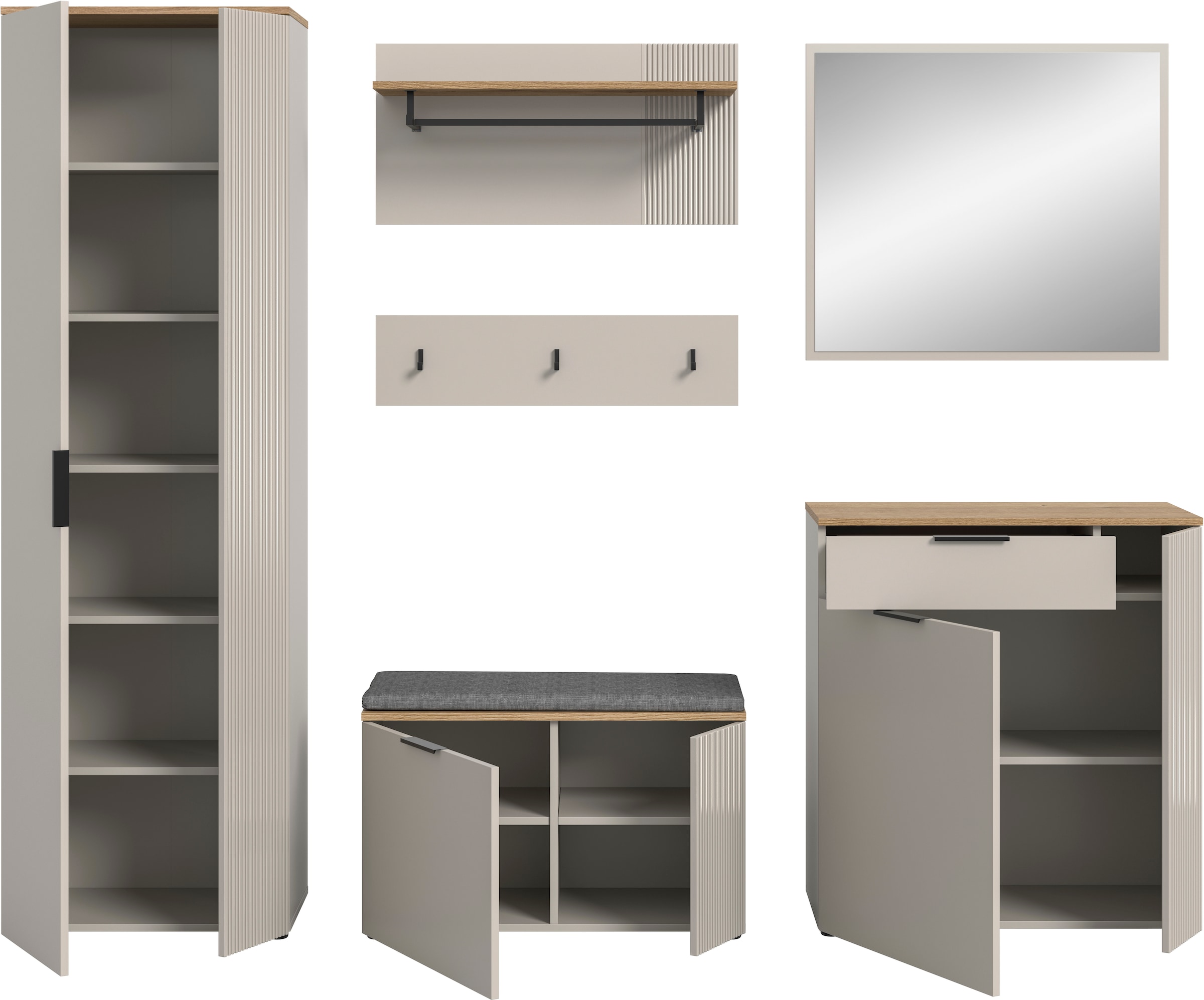 Home affaire Garderoben-Set »EDIL, Breite 250 cm, 6-teilig, Front mit hochwertiger Längstfräsung« Set, Hochschrank, Sitzbank, Kissen, Paneel, Hakenleiste, Kommode & Spiegel, 6 Stk. tlg.