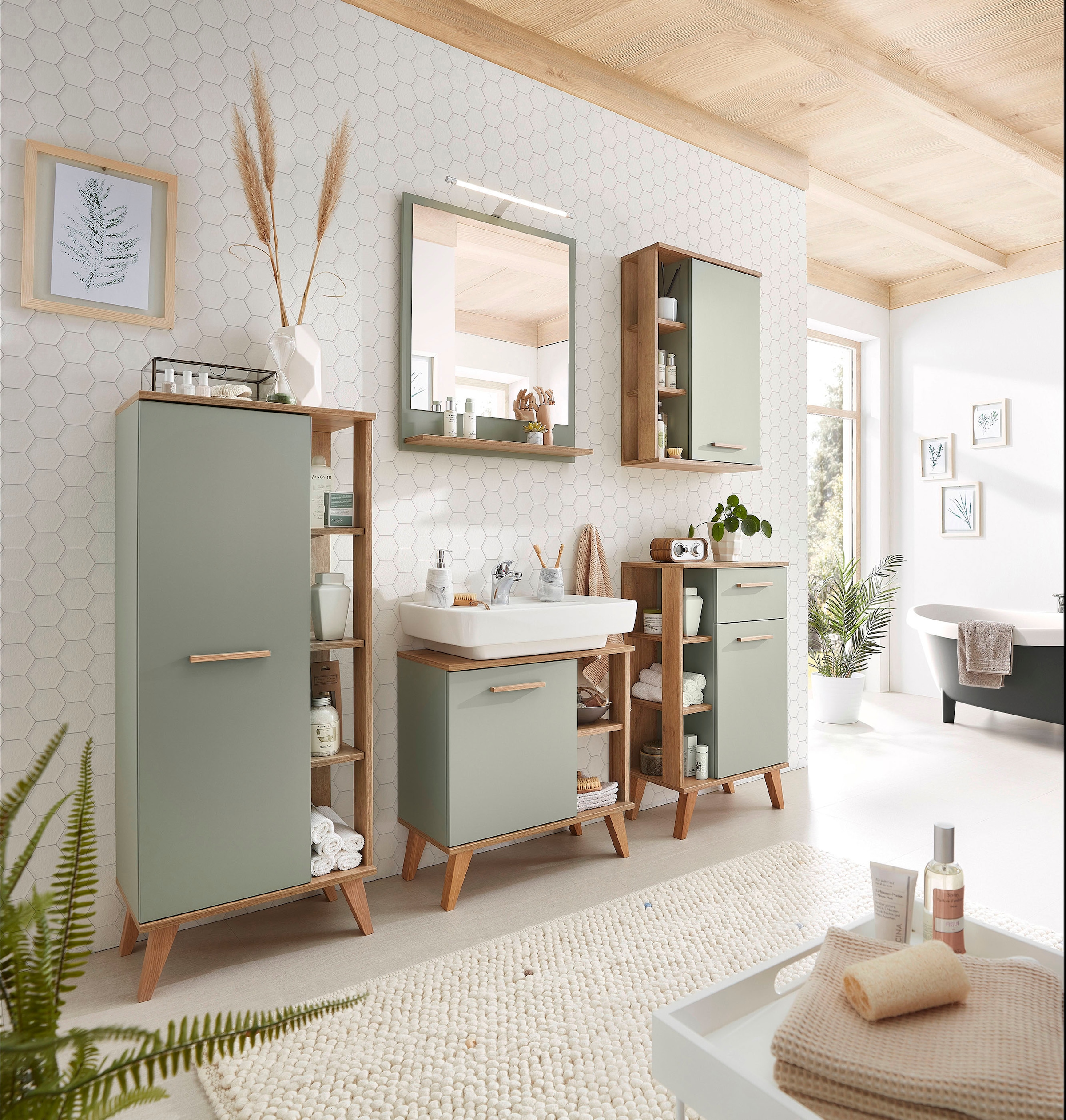 Saphir Miroir de salle de bain »Quickset 963 Spiegel mit Ablage, 60 cm breit, 74,5 cm hoch« Miroir mural imitation sauge, imitation chêne Riviera horizontal