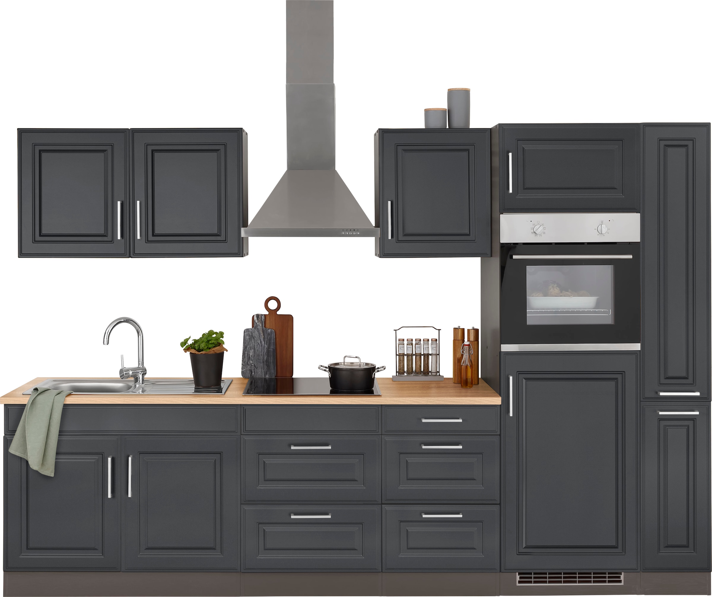 KOCHSTATION Kitchenette »KS-Stockholm – Küche mit hochwertiger und detailreicher Landhausfront« Largeur 300 cm, avec appareils E en option, avec façades MDF