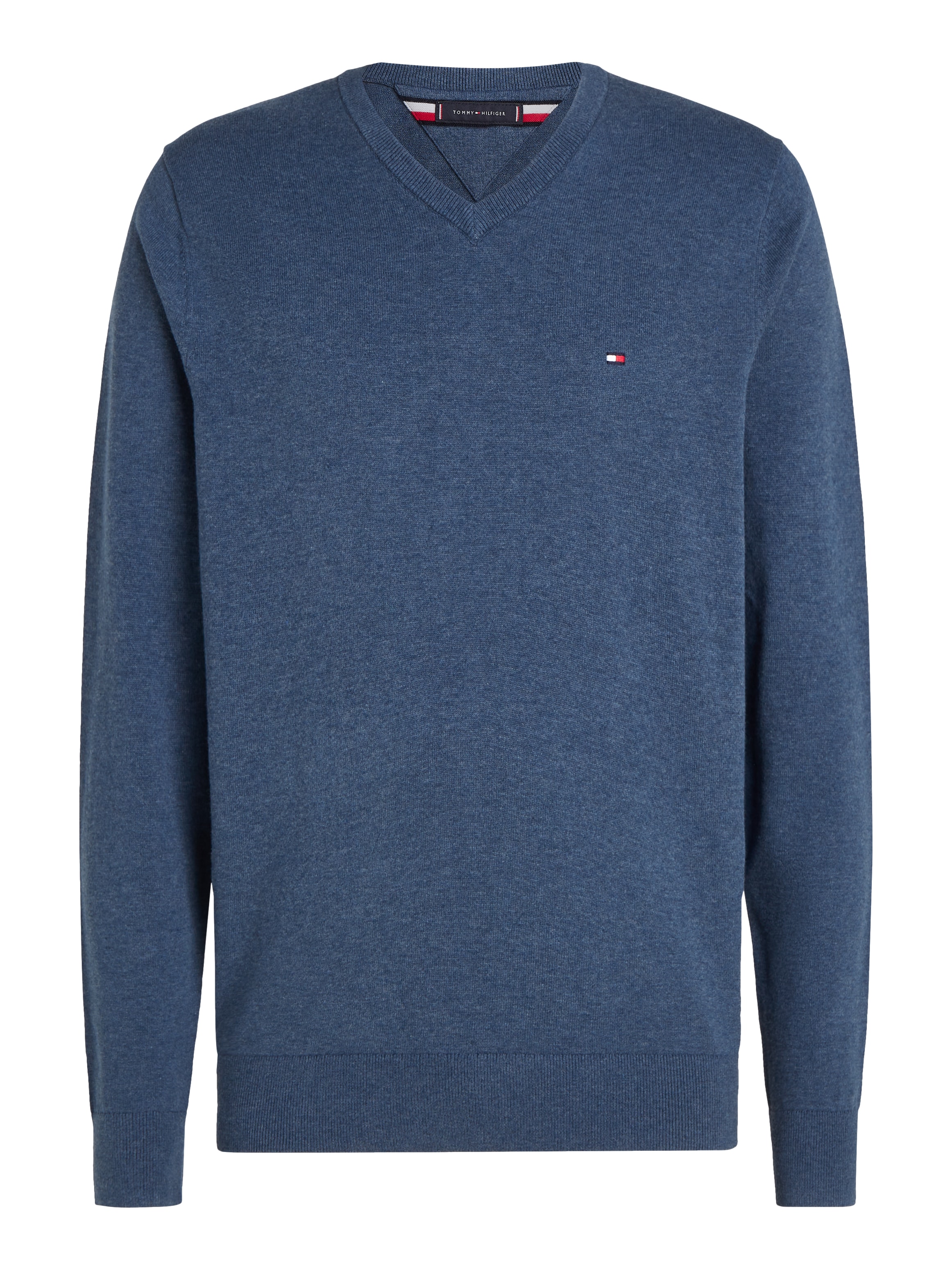 Tommy Hilfiger Strickpullover »ESSENTIAL COTTON V NECK mit V-Ausschnitt und Stickerei«, unifarben, casual, regular fit, Baumwolle, V-Ausschnitt