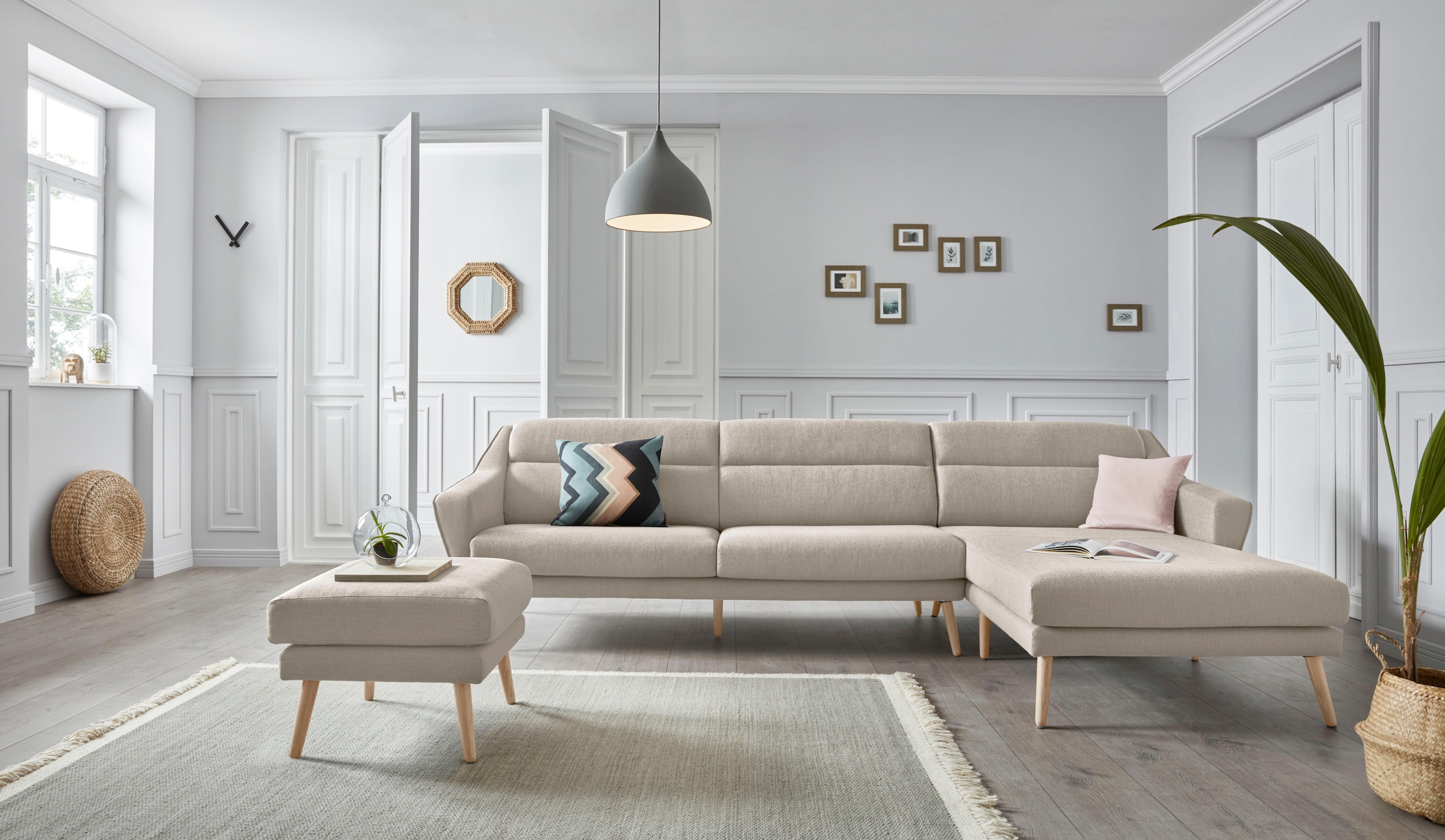 andas Canapé d'angle »Bille L-Form« mit Naht im Rückenkissen und Beinen aus Eichenholz