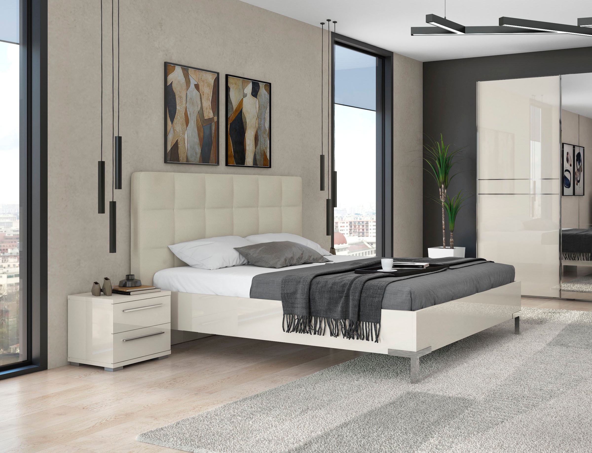 GOODproduct Lit »Piano, Liegefläche 160x200 oder 180x200cm, FSC-zertifiziert« avec tête de lit rembourrée, laquage UV brillant beige ou blanc