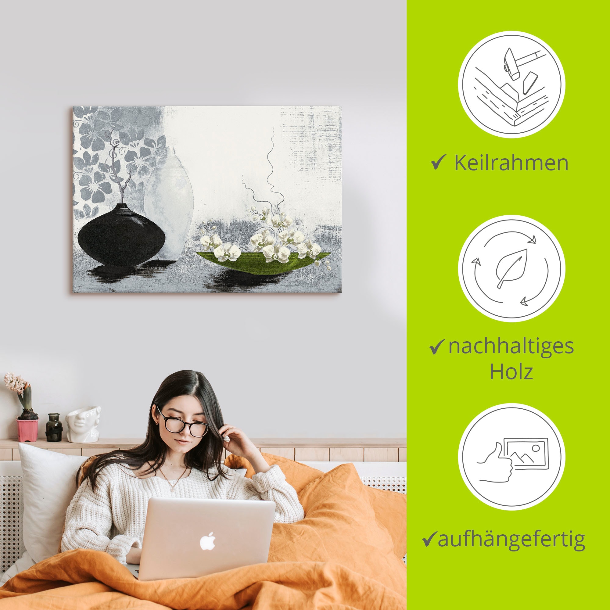 Artland Wandbild »Modernes bauchiges Gefäss mit Orchideen«, Vasen & Töpfe, (1 St.), als Leinwandbild, Poster in verschied. Grössen