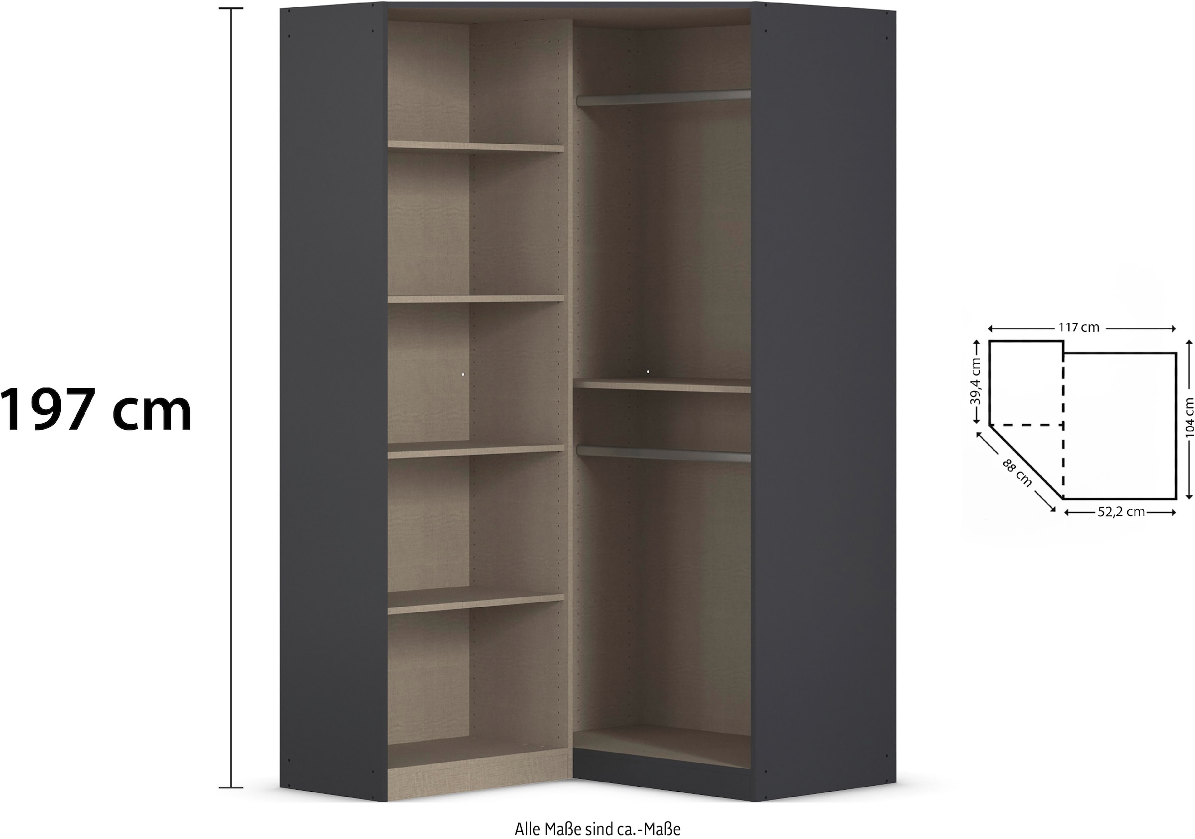 rauch Eckkleiderschrank »Kleiderschrank Schrank Garderobe Garderobenschrank Eckschrank HOMBURG« Schenkelmass: 117x104 cm, Höhe: 197 cm,  voll aufgelegter Spiegel, Vollausstattung viel Platz MADE IN GERMANY