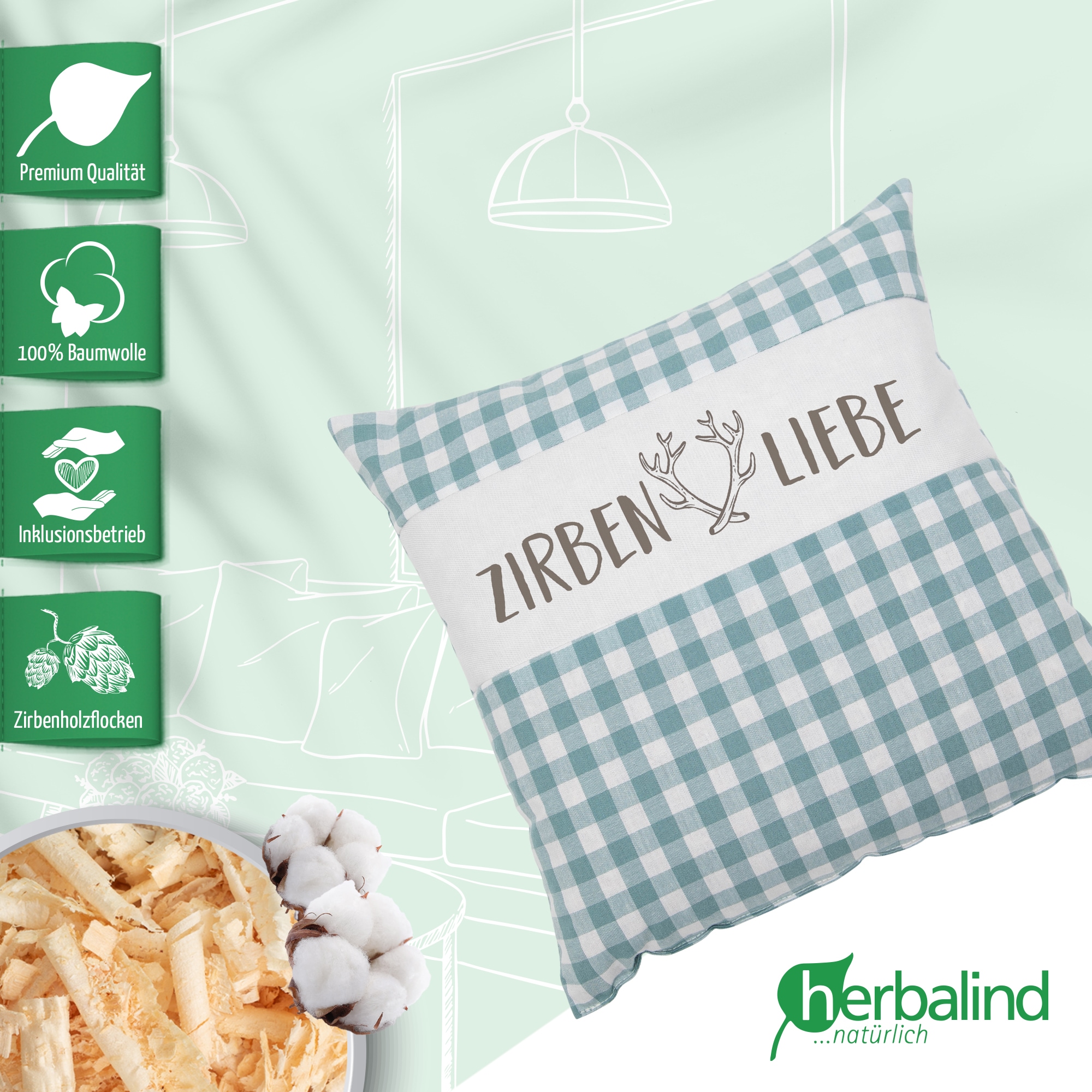 herbalind Duftkissen »als Geschenk 30x30 in mint Dekokissen Zirbenliebe mit Reissverschluss«, (1 St.), 100% Zirbenholzflocken und Baumwolle Handmade in Germany