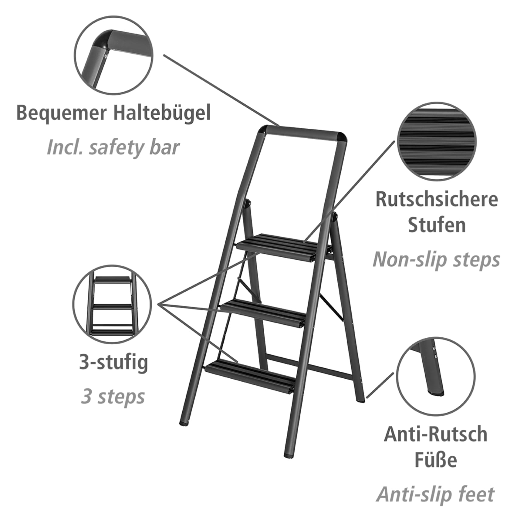 WENKO Trittleiter »Modell Alu-Compact«, leichte & rutschfeste Haushaltsleiter, belastbar bis 150 kg, klappbar