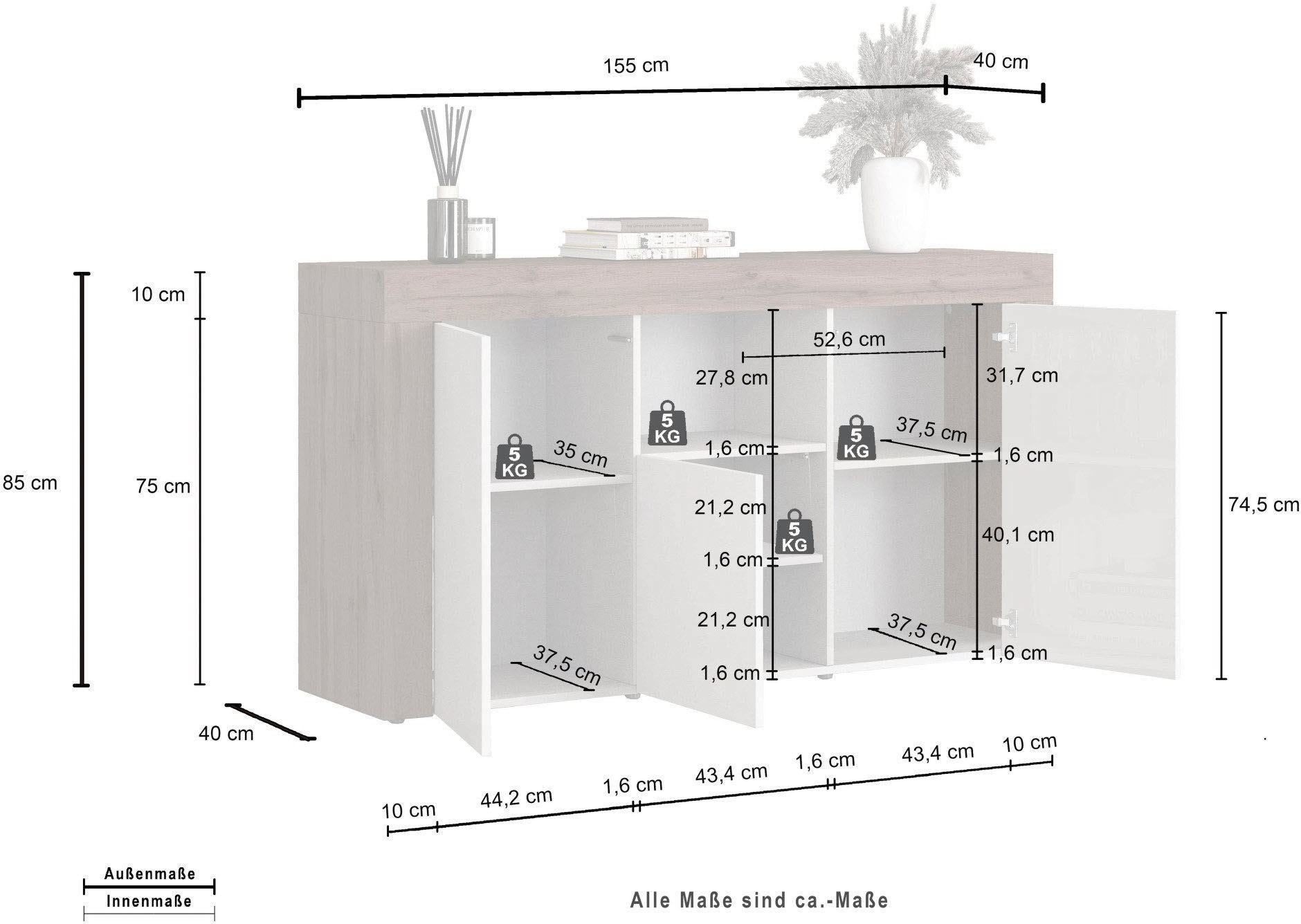 INOSIGN Sideboard »CHRONOS Breite 155 cm mit 3 Türen, 1 offenes und 6 geschlossene Fächer« 1 Stk. tlg. Sideboard,Kommode, Schrank, Grifflos mit Push to Open, Made in Italy