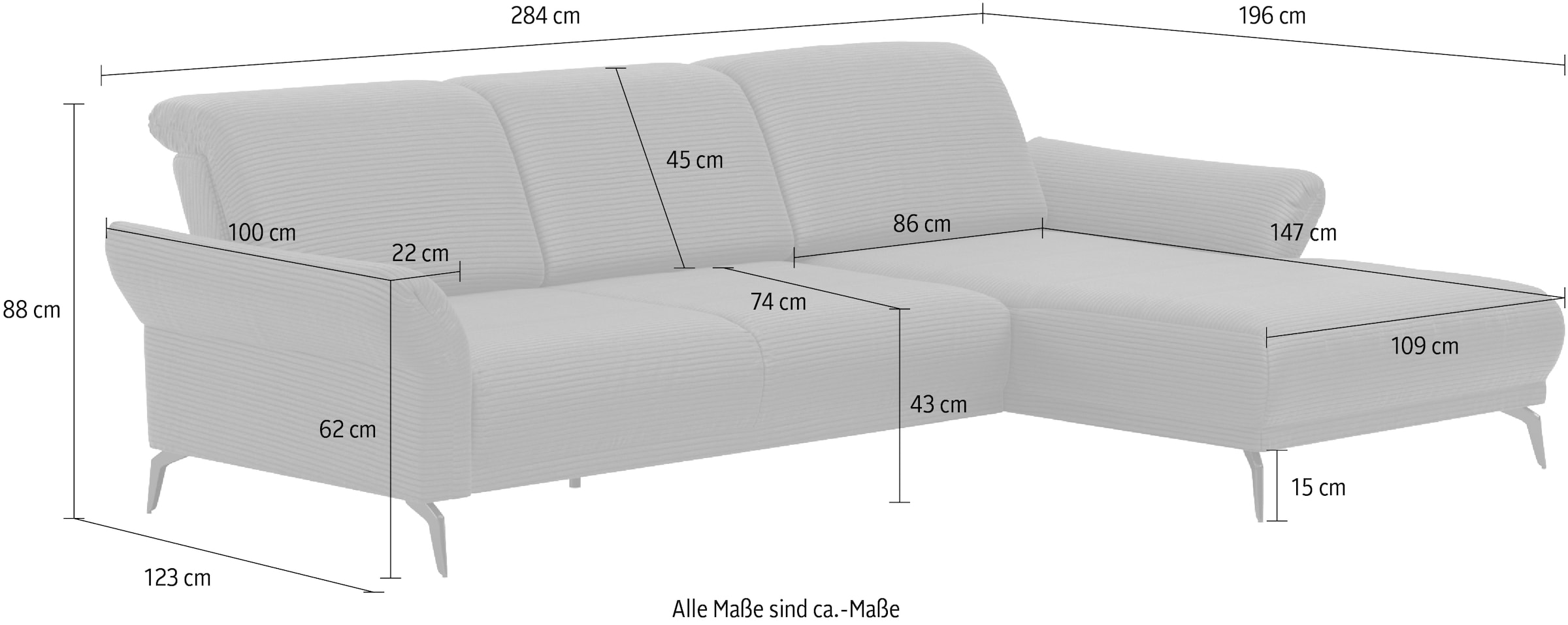 INOSIGN Ecksofa »Coco L-Form«, Sitztiefen-, Arm- und Kopfteilverstellung, Cord-Bezug, Fusshöhe 15 cm