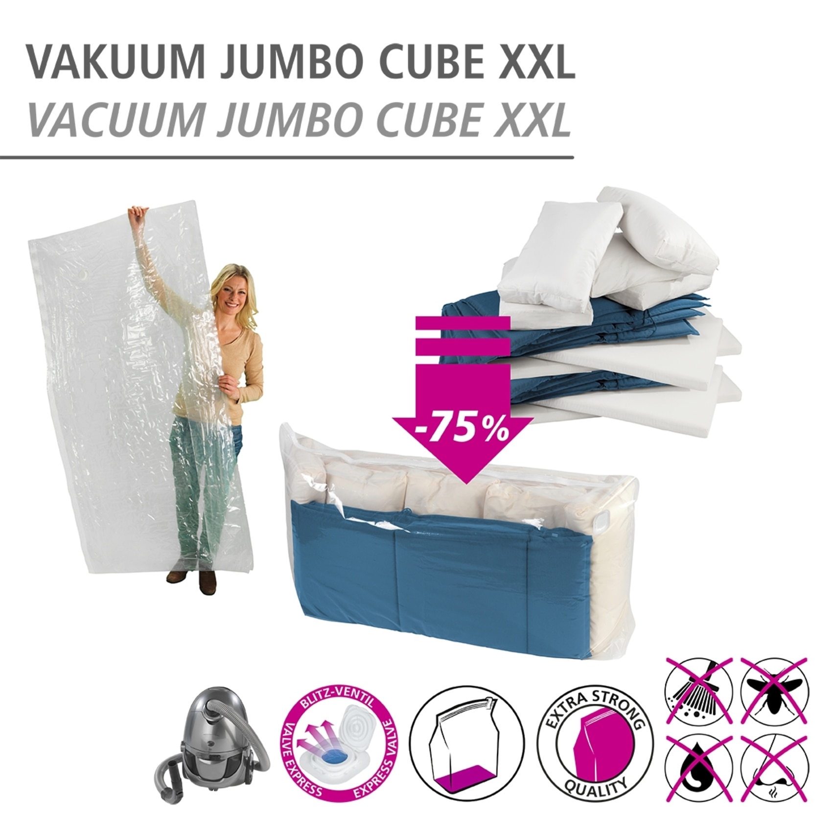WENKO Vakuumierbeutel »Vakuum Jumbo Cube XXL« extra grosser Vakuumbeutel für Kleidung, Gartenpolster & Bettdecken