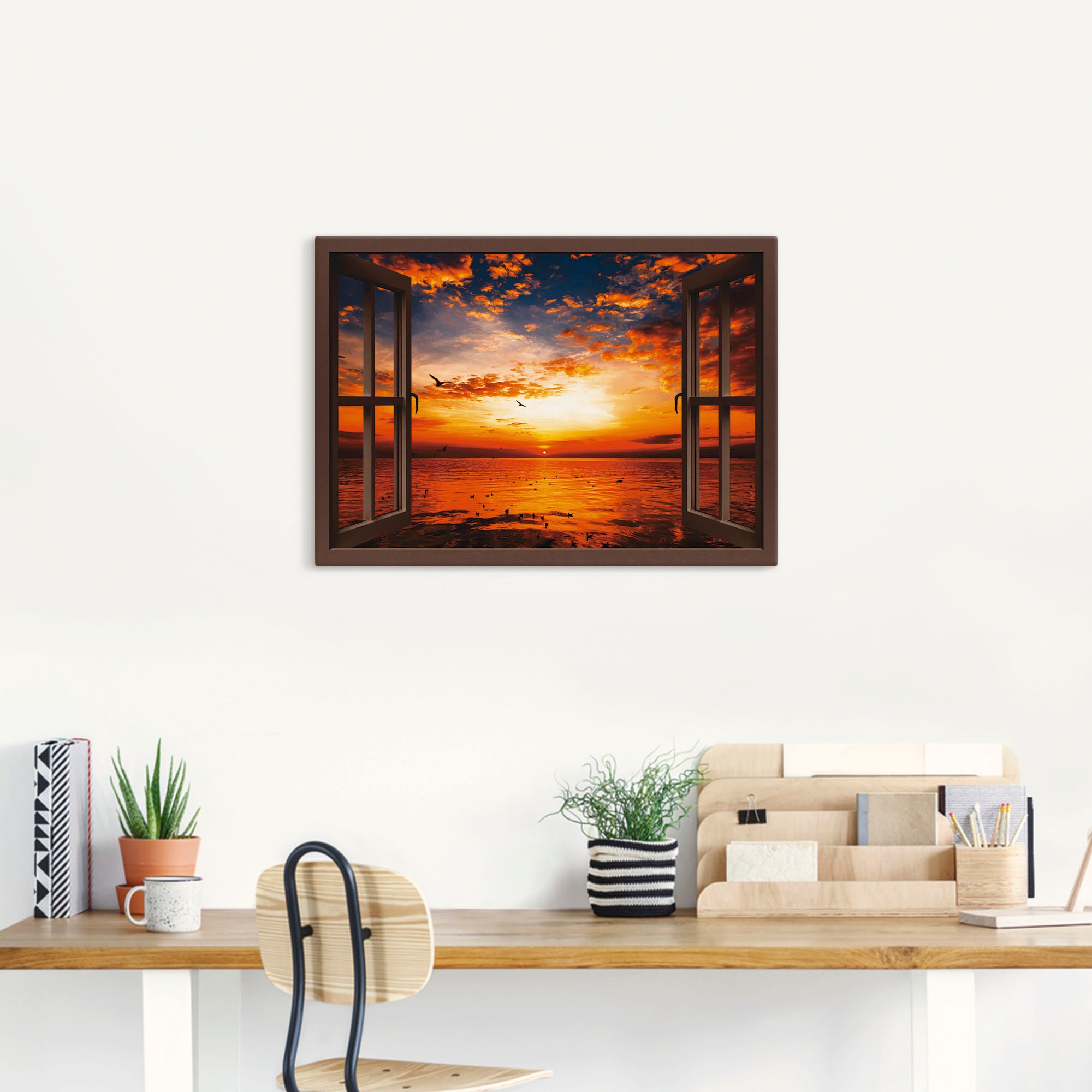 Artland Leinwandbild »Fensterblick Sonnenuntergang am Strand« Fensterblick 1 Stk. tlg. auf Holzrahmen gespannt