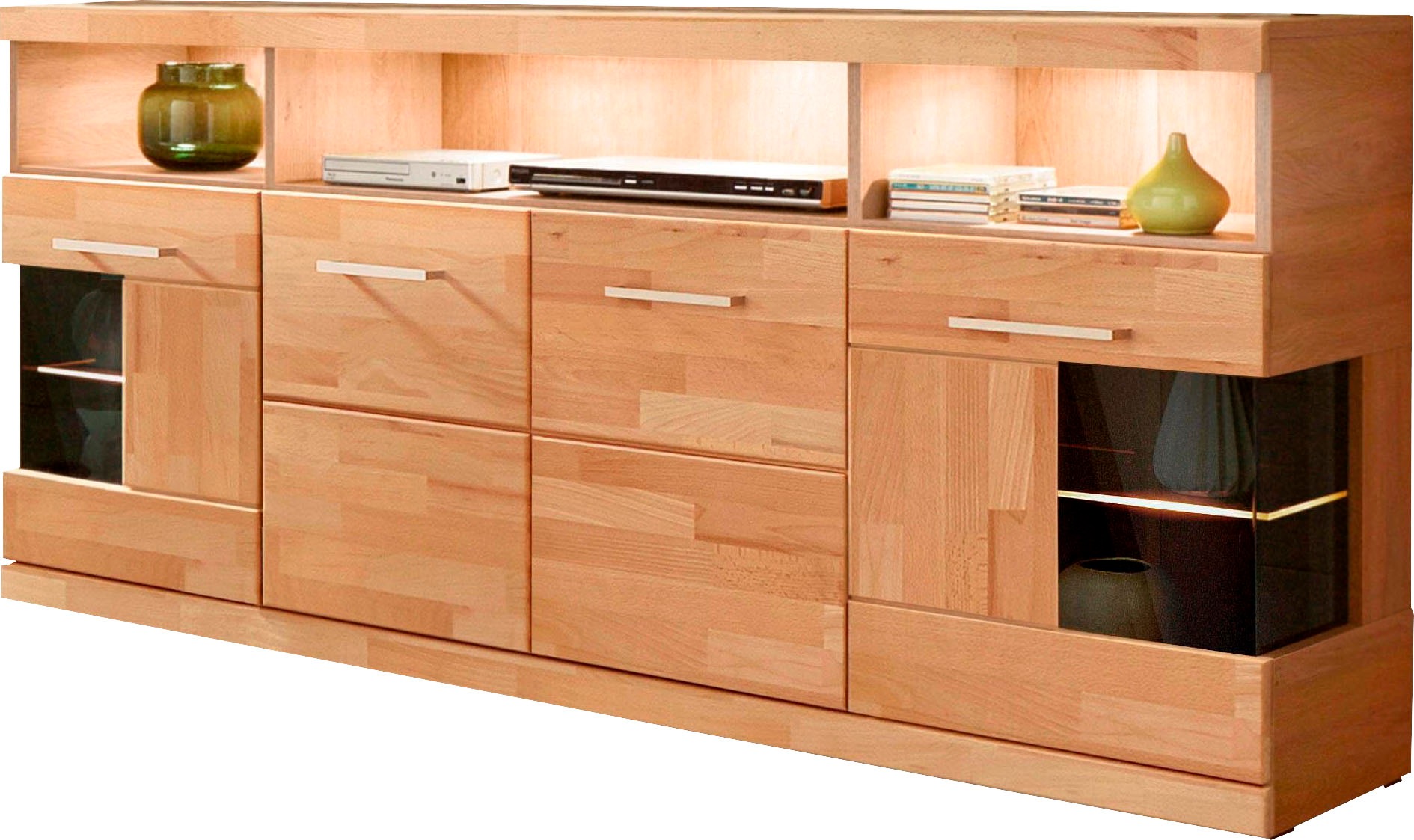 Image of GOODproduct Sideboard "RIBE20 Fronten massiv,Korpus Melamin, 2 Türen mit Glaseinsatz" B/T/H: 180/35/80cm,3offene Fächer u 6geschlossene,Teilmassiv Kernbuche