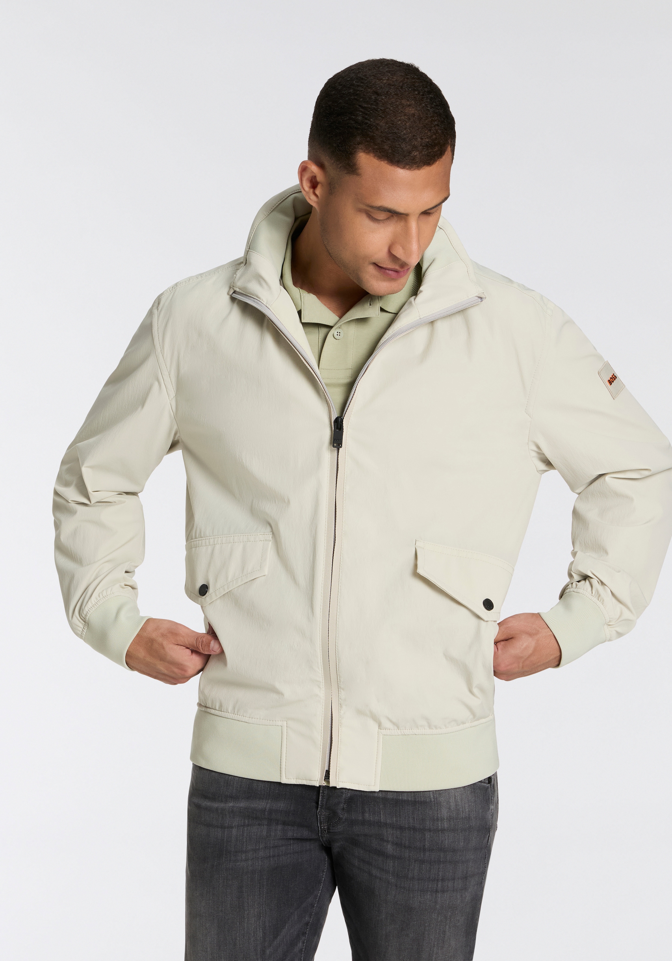 Image of BOSS ORANGE Allwetterjacke "Ohice" wasserabweisend Kapuze verstaubar abnehmbar Strickbündchen Stehkragen