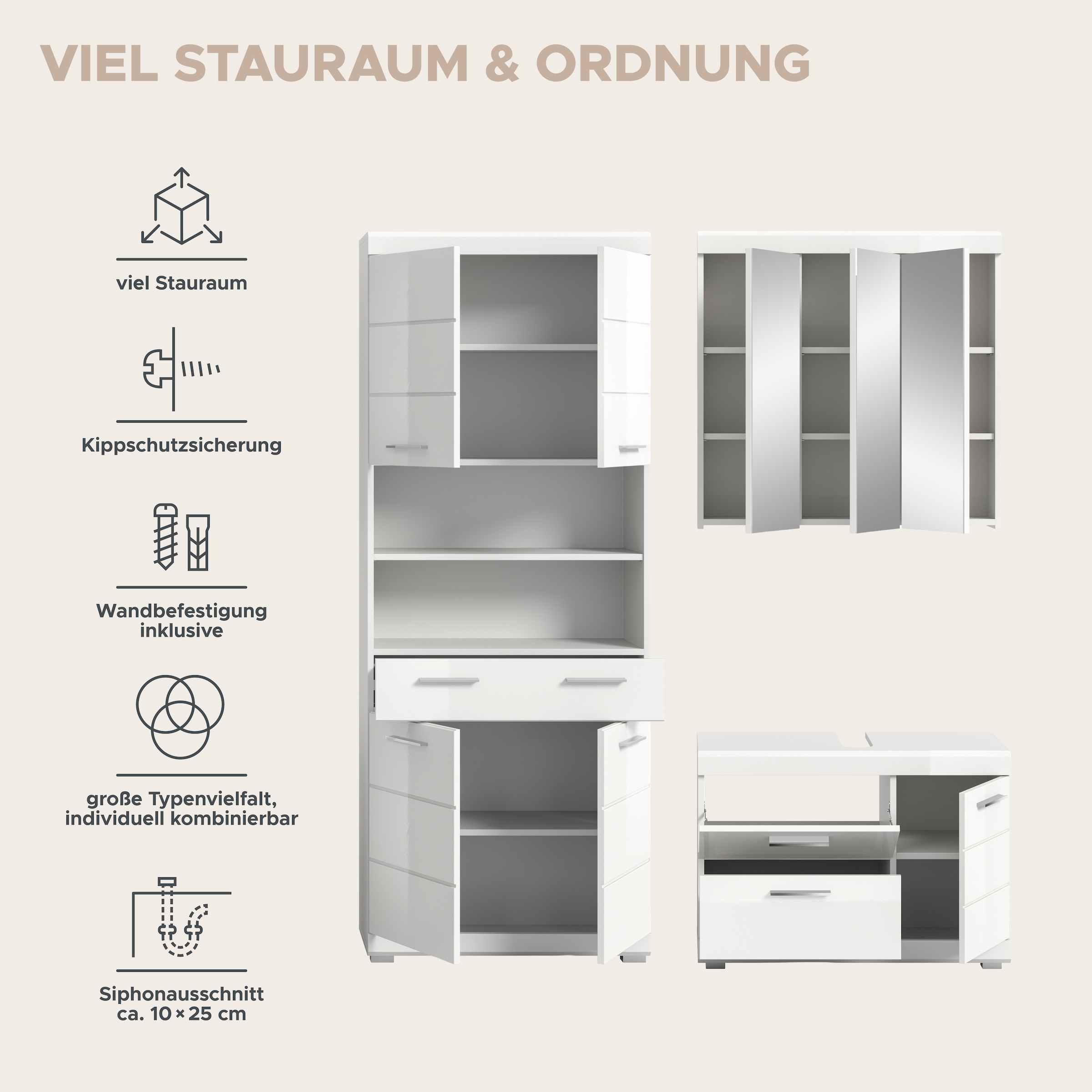 welltime Ensemble de meubles de salle de bain »SIENA, 3-teilig, Waschbeckenunterschrank, Spiegel- & Hochschrank«