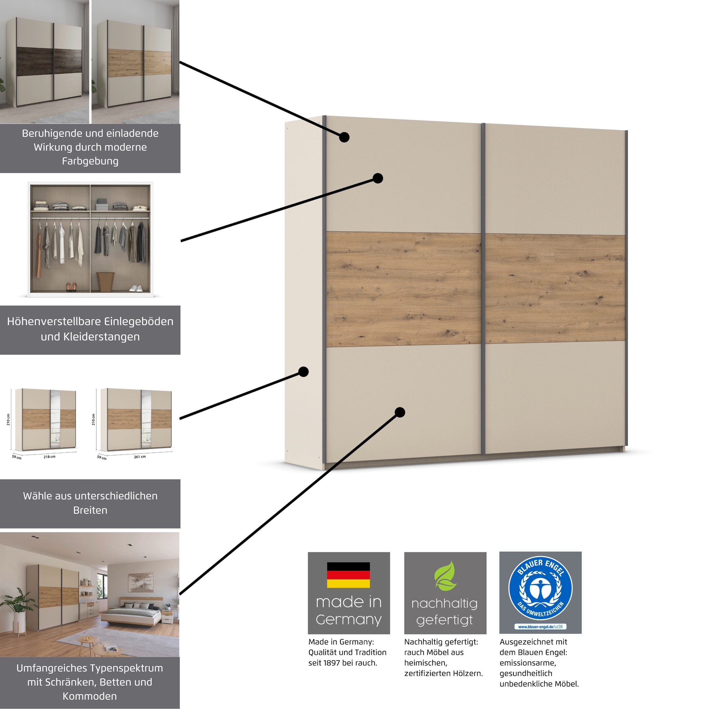 rauch »Kleiderschrank Schrank Garderobe Schlafzimmerschrank SAJO« en 2 largeurs (218, 261 cm) option miroir MADE IN GERMANY