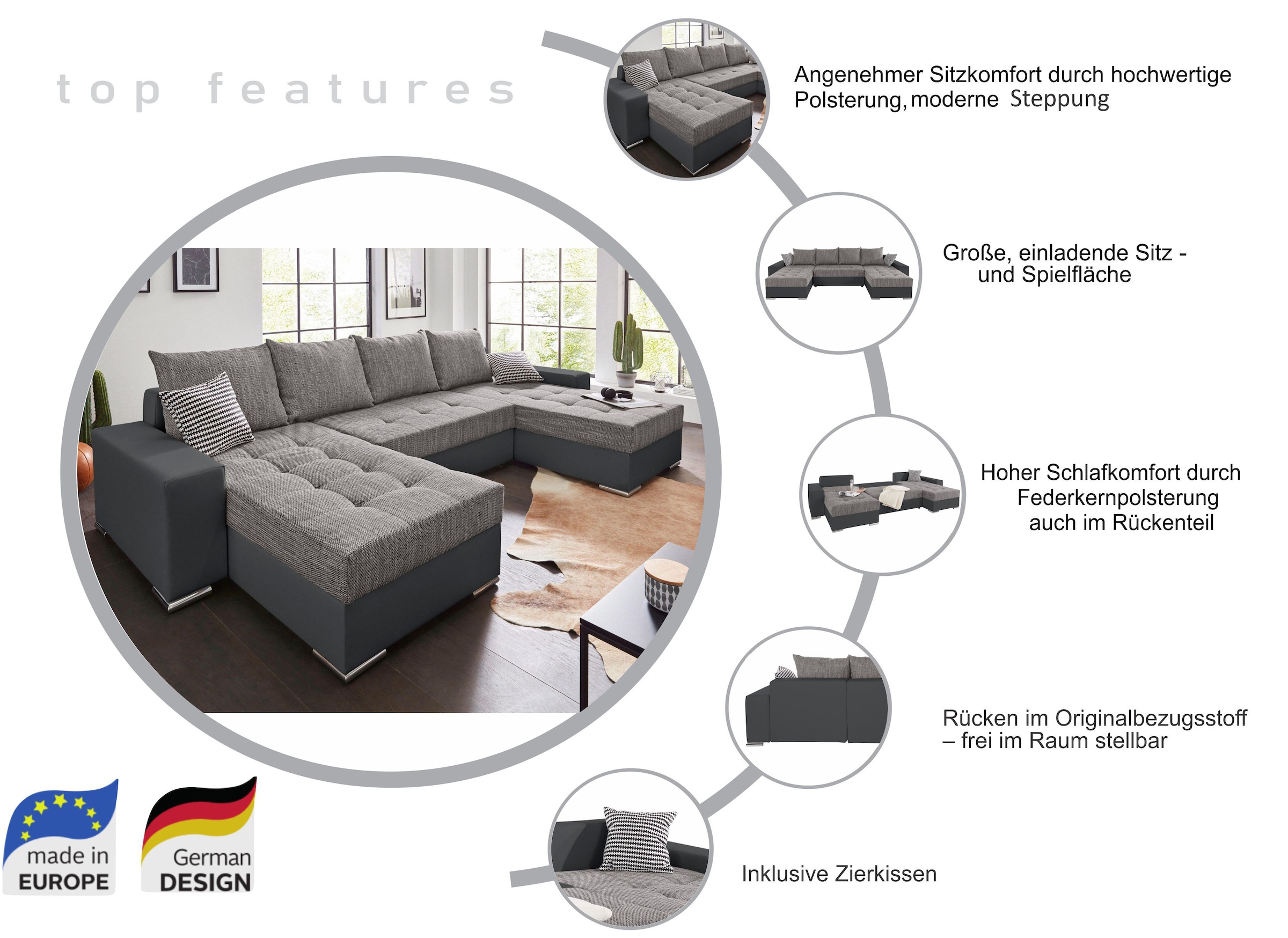 COLLECTION AB Paysage de salon »Josy XL U-Form, B: 313 cm in Kunstleder-Mix, Microfaser« mit Bettfunktion, Bettkasten & 2 Zierkissen, Federkern