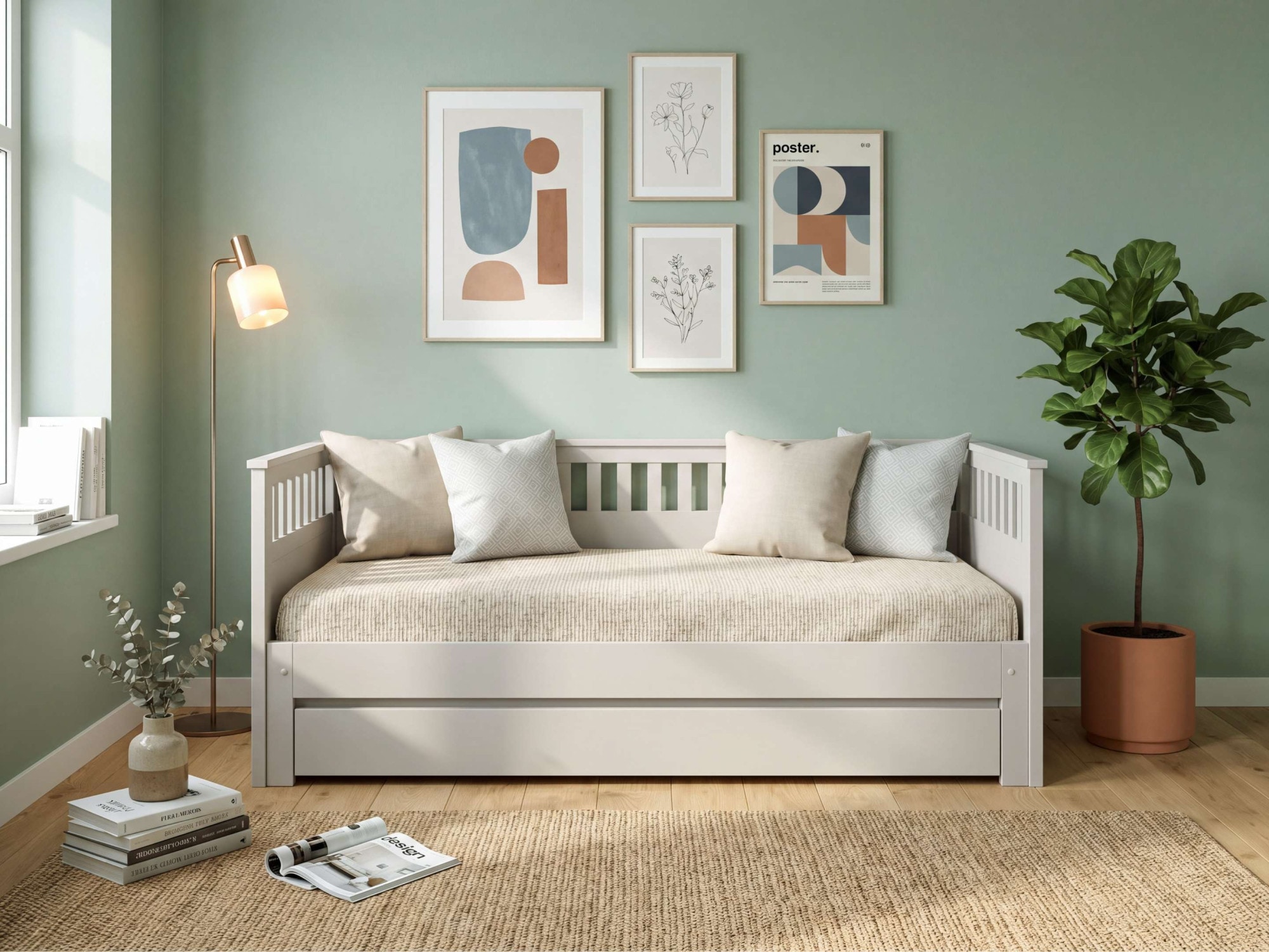 GOODproduct Daybett »Morrick, ausziehbar, 2 Schlafplätze + Schublade, Cashmere Beige« massive Kiefer, schöne Sprossenoptik, Stauraum, Skandi Look