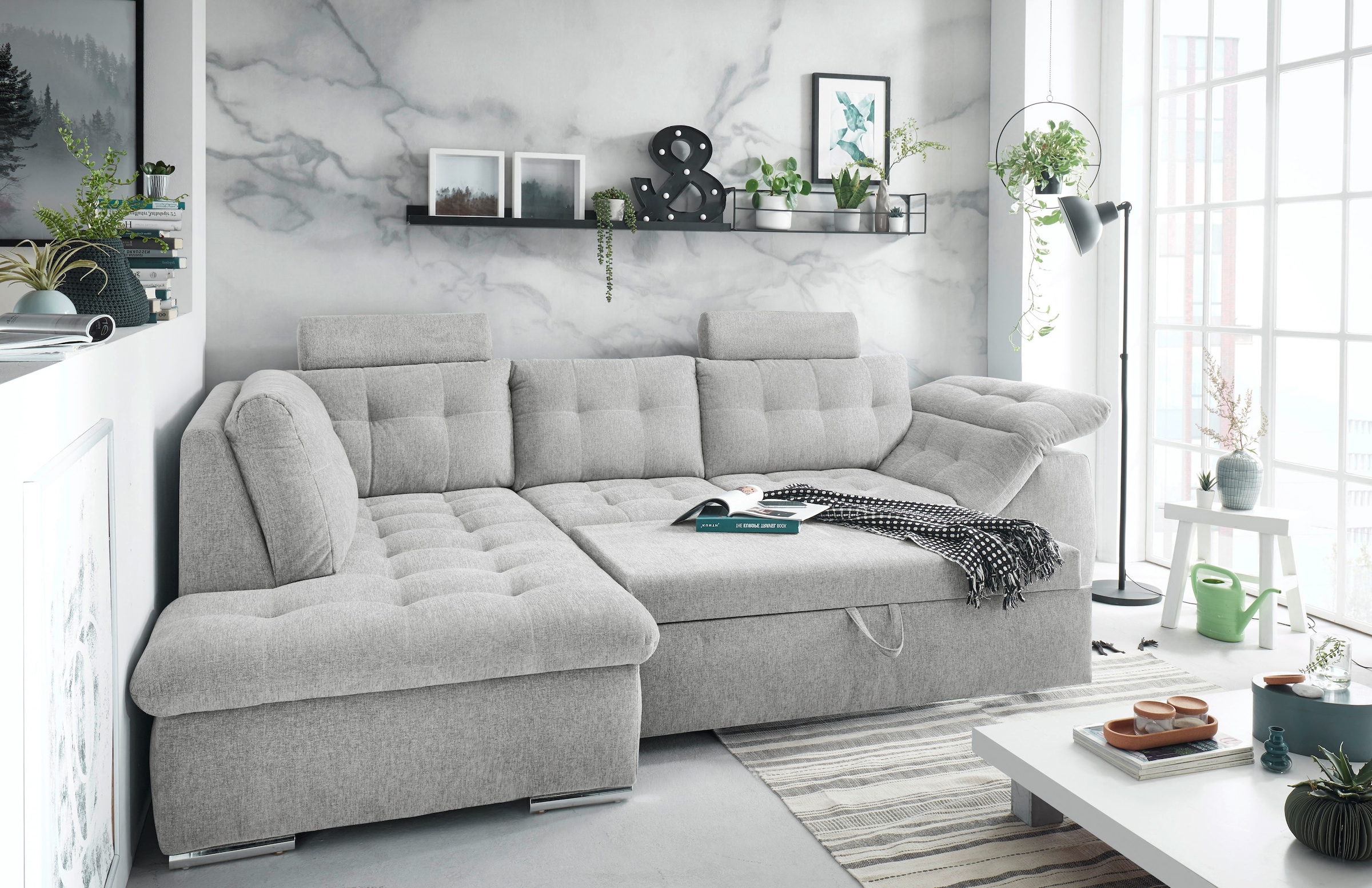 ED EXCITING DESIGN Canapé d'angle »Oman L-Form« mit Bettfunktion, Bettkasten, Armteilverstellung & Kopfstützen