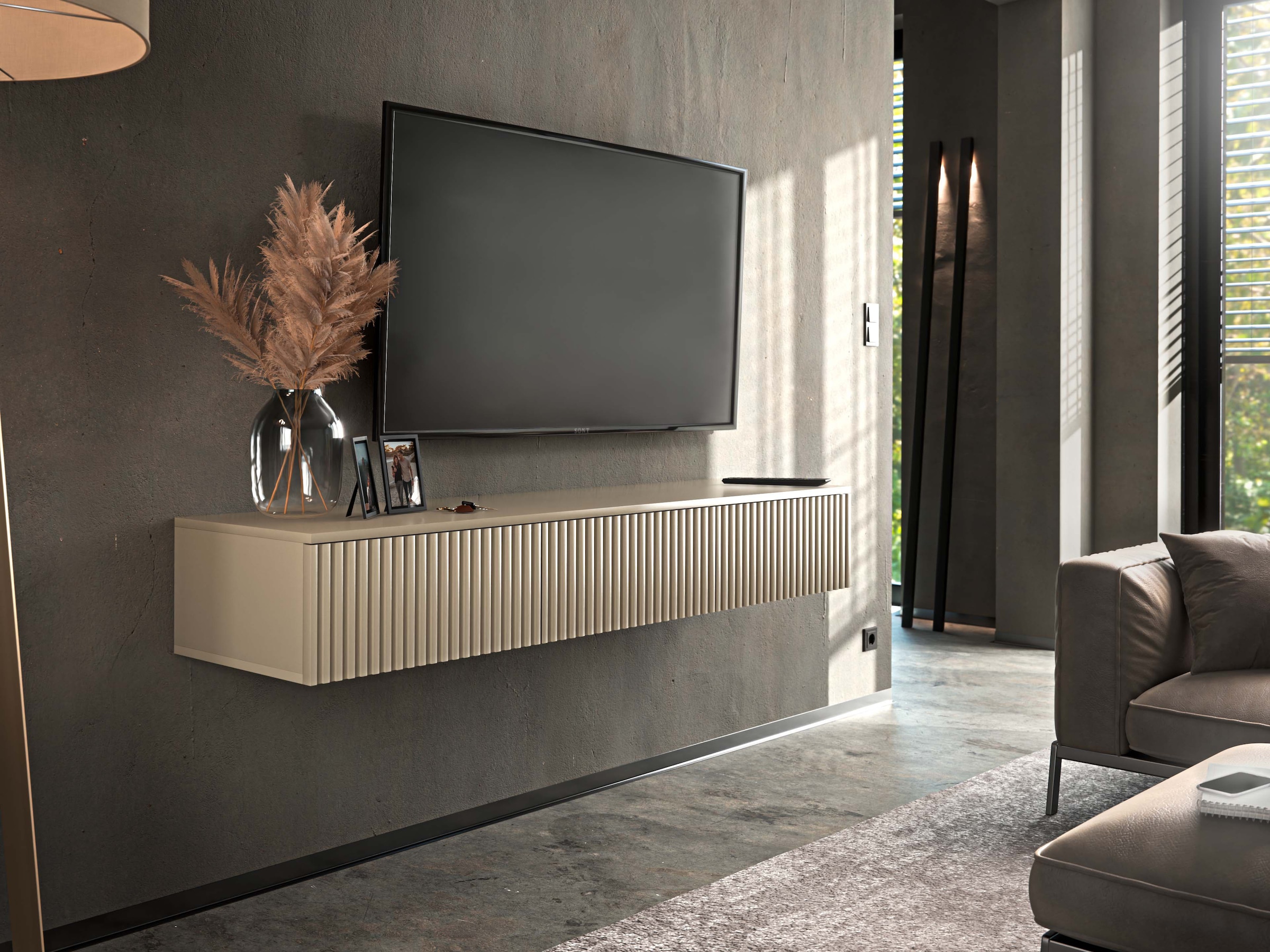 HBZ Table basse »Lowboard Lanai, hängend, mit moderner Rillenoptik« 1 cuis tlg. Largeur 150cm, revêtement mélaminé, ouverture par pression