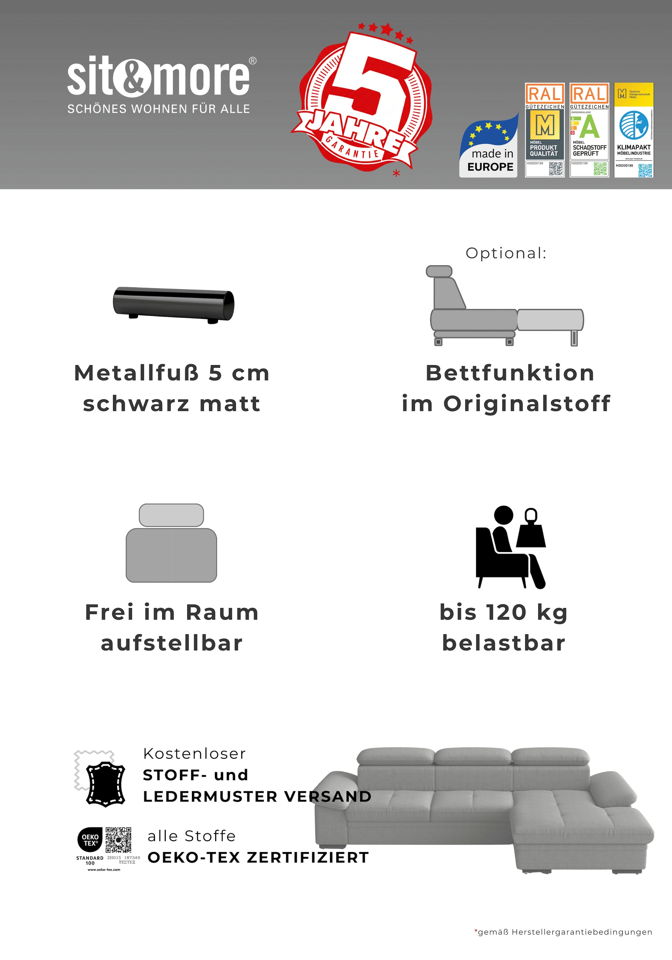 sit&more Ecksofa »Viola L-Form, B: 249 cm, Arm- & Kopfteilverstellung« optional Schlaffunktion, Sofa mit Komfortsitz